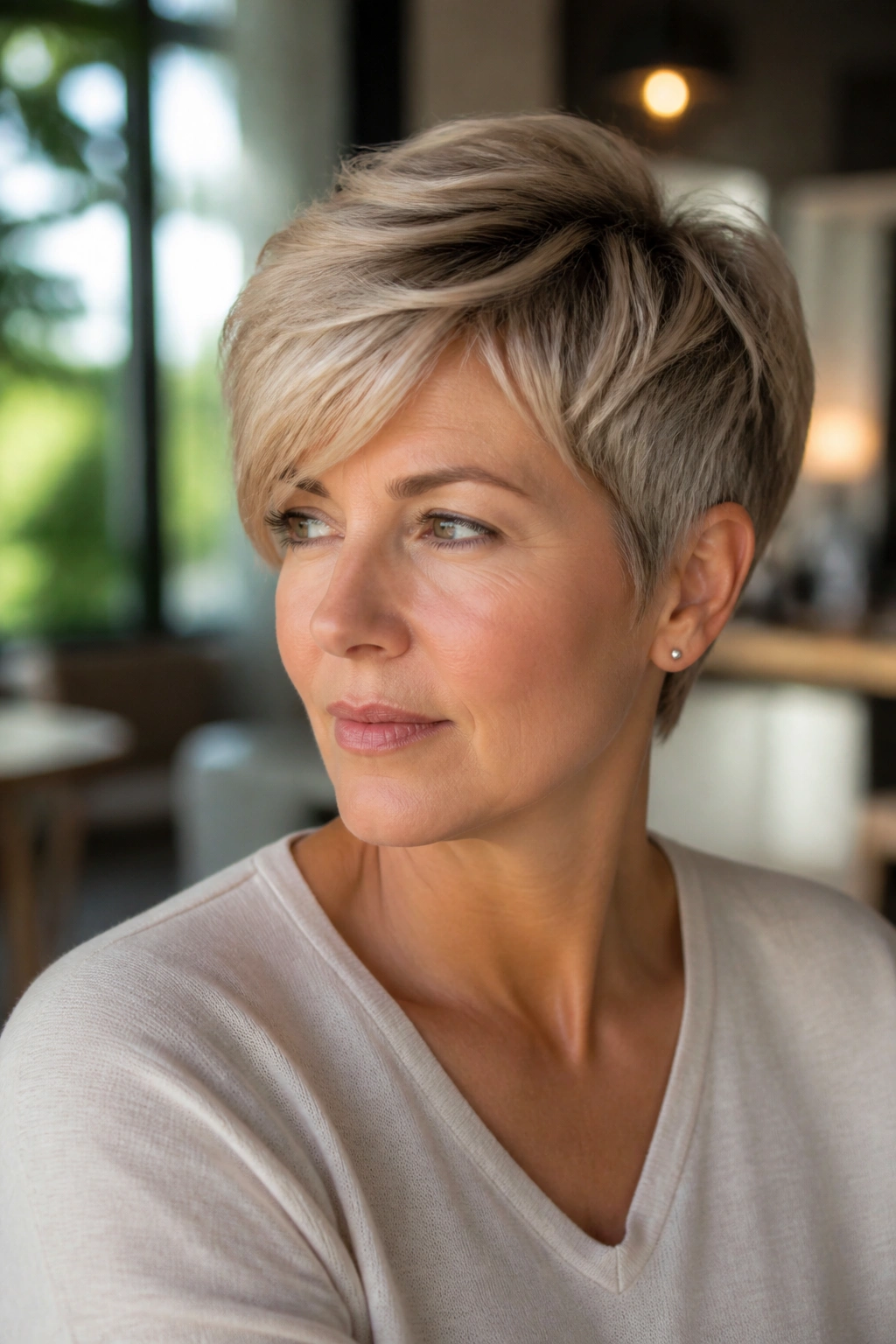 Close-up of a real woman with a pixie cut with a longer top in natural light.