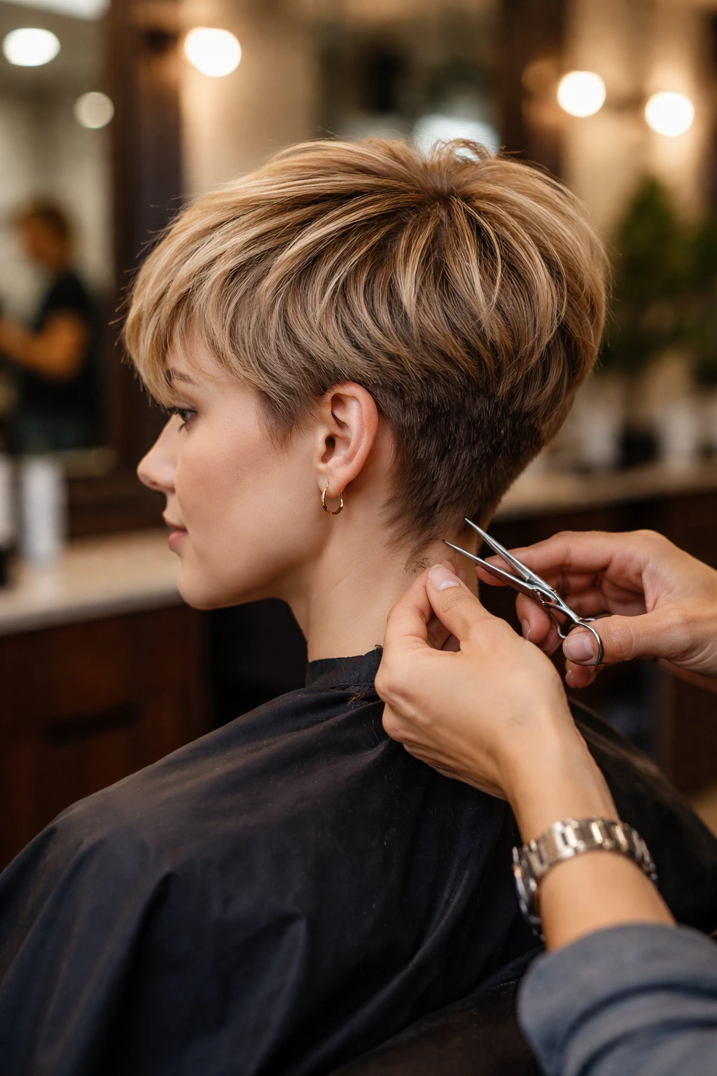 Real person with pixie cut receiving maintenance in salon