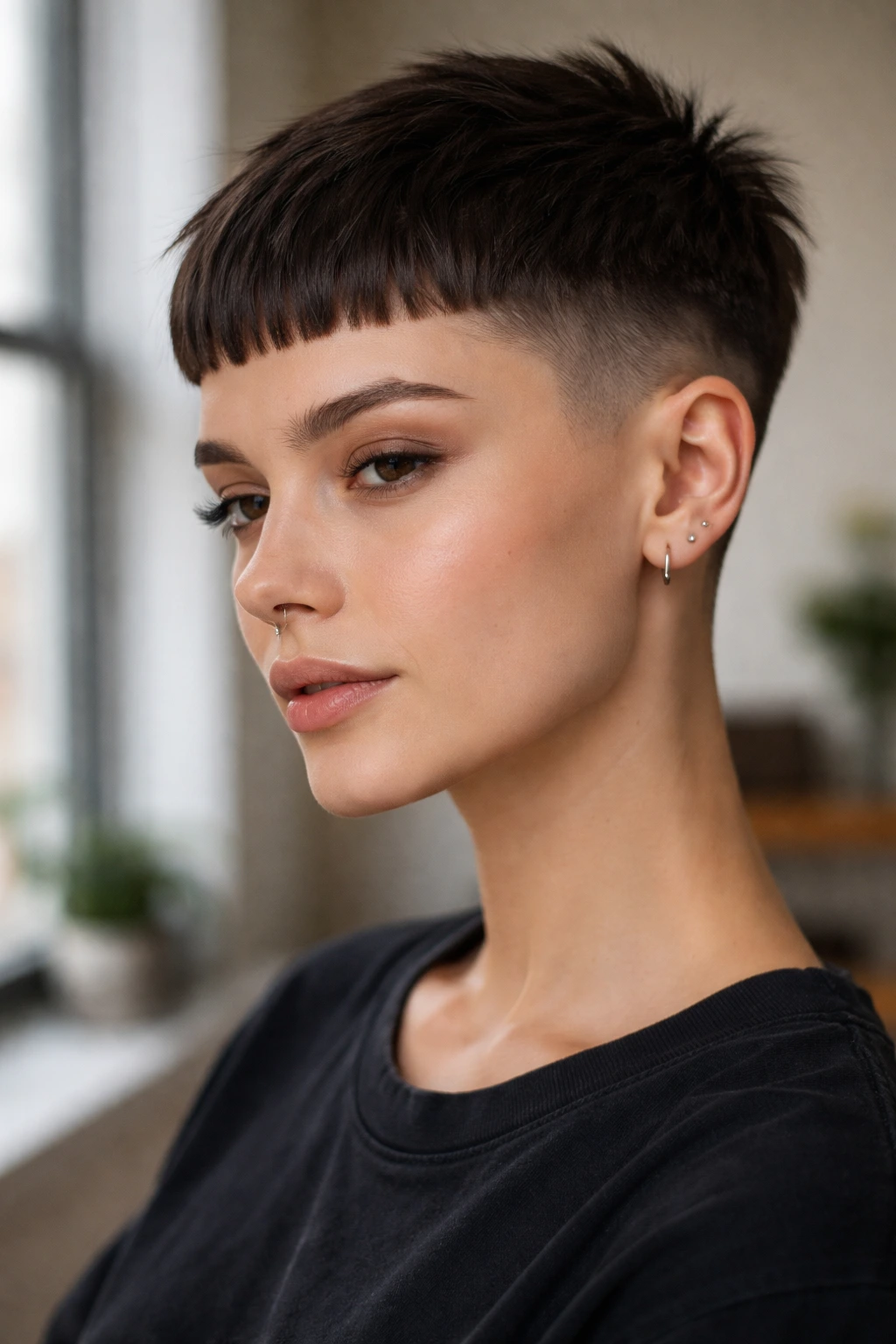 Close-up portrait of a real person with micro bangs and a fade