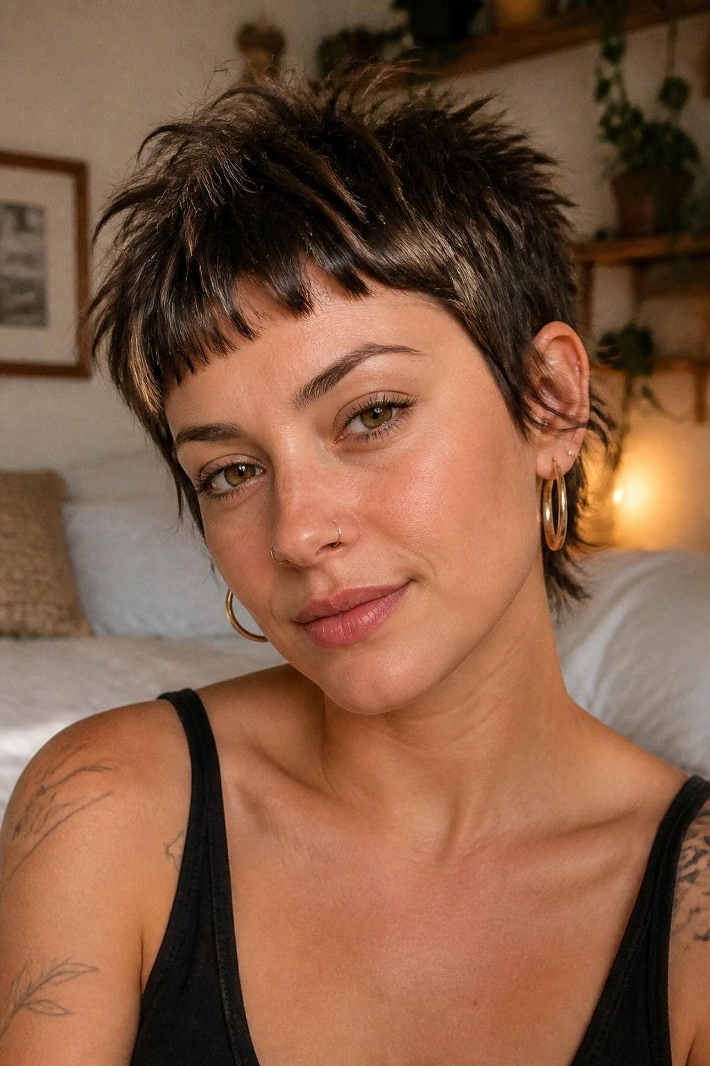 Real person with micro bang pixie and tousled texture in warm indoor light