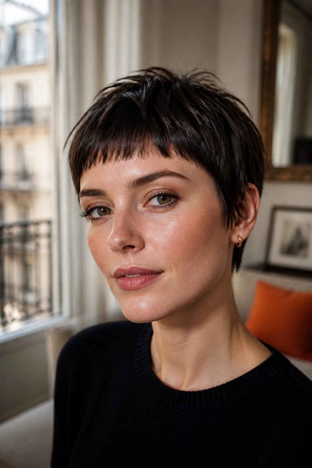 Close-up portrait of a real woman with a French pixie and micro fringe above the brows