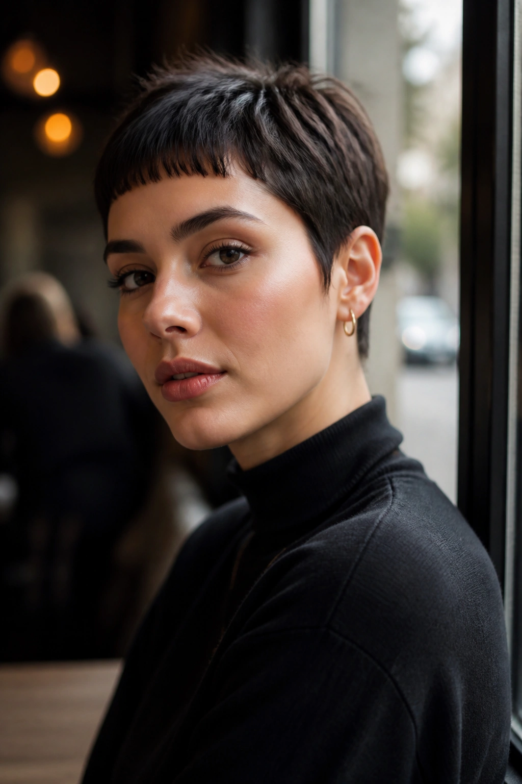 Portrait of a real woman with pixie and micro fringe, natural light at a cafe.