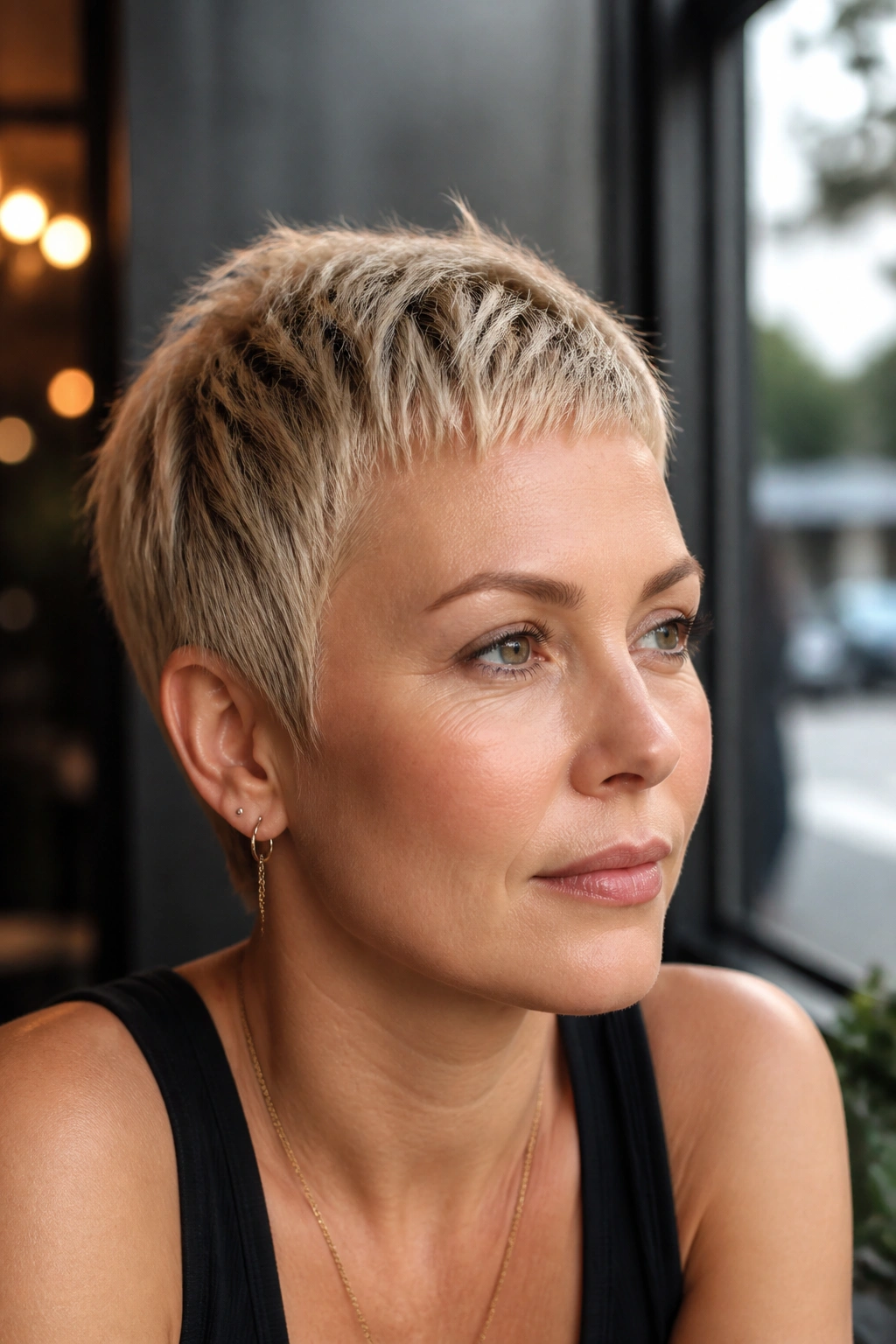 Portrait of a real woman with micro fringe pixie and tapered sides.