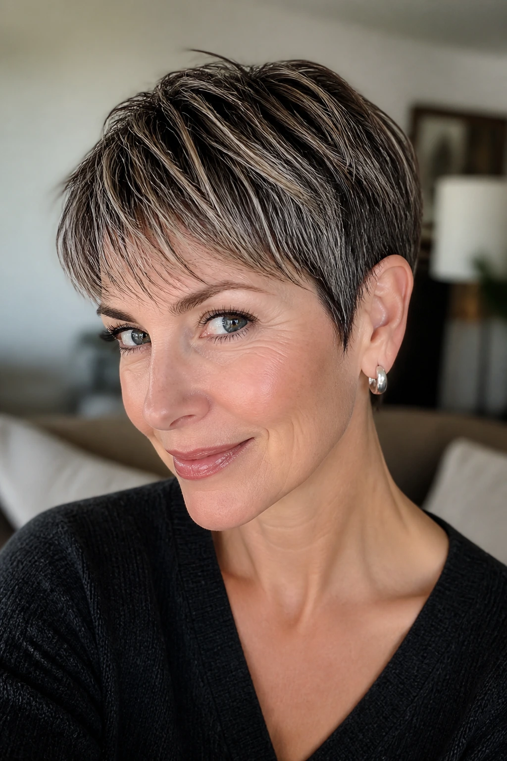 Pixie cut with micro lights on a real person, showcasing texture and sparkle.