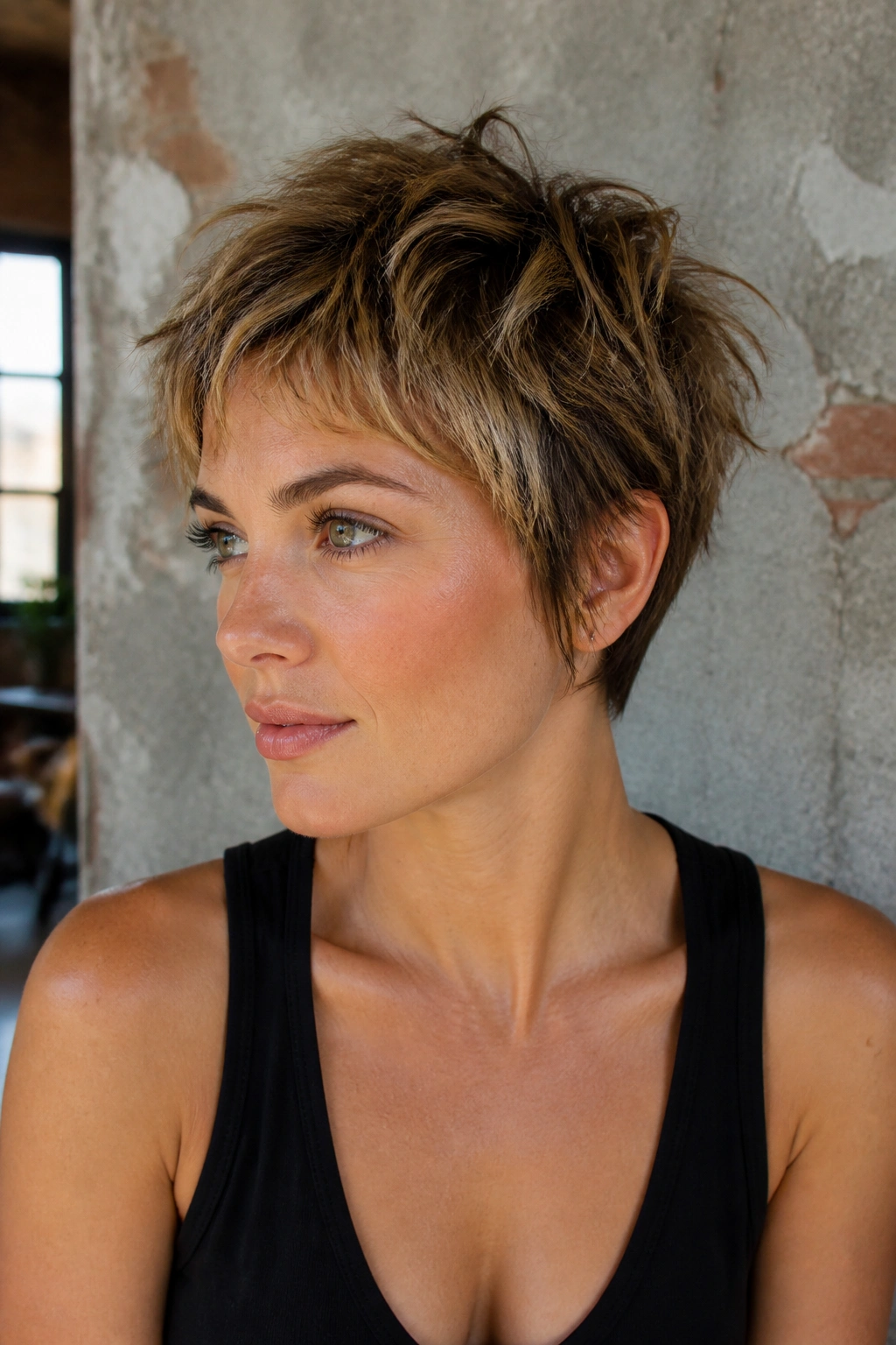 Real woman with choppy micro-shag pixie showing textured layers.