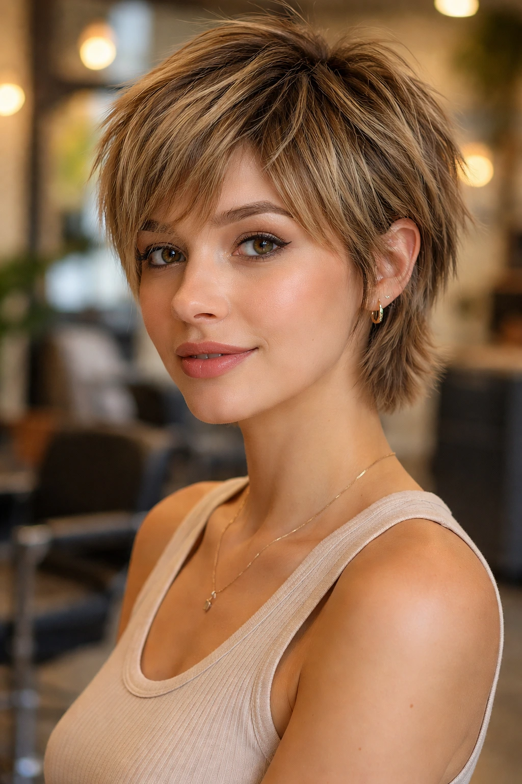 Close-up of real person with layered pixie bob Mixie in salon