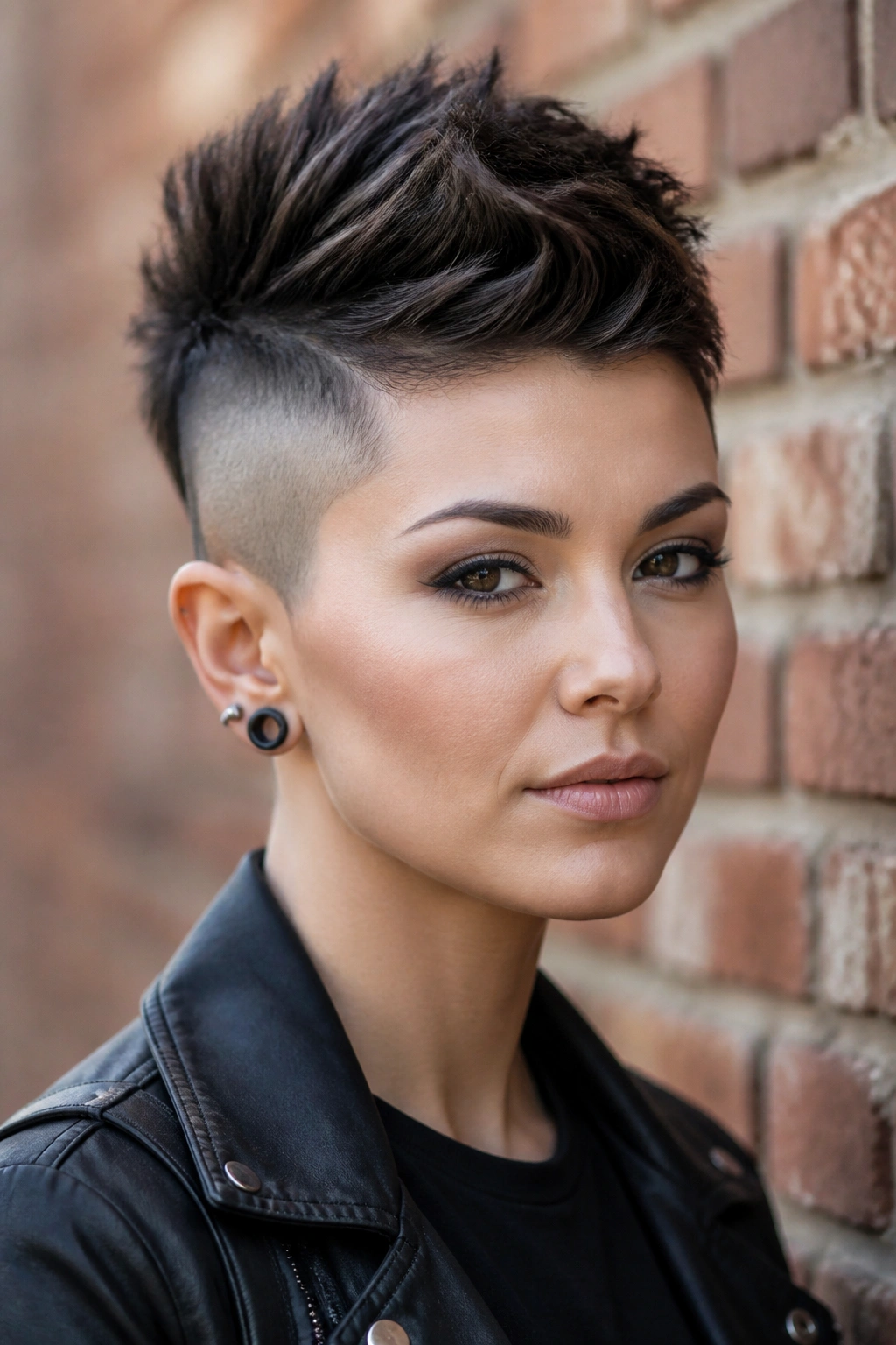 Portrait of a real woman with a Mohawk-Inspired Pixie hairstyle in an urban street setting.