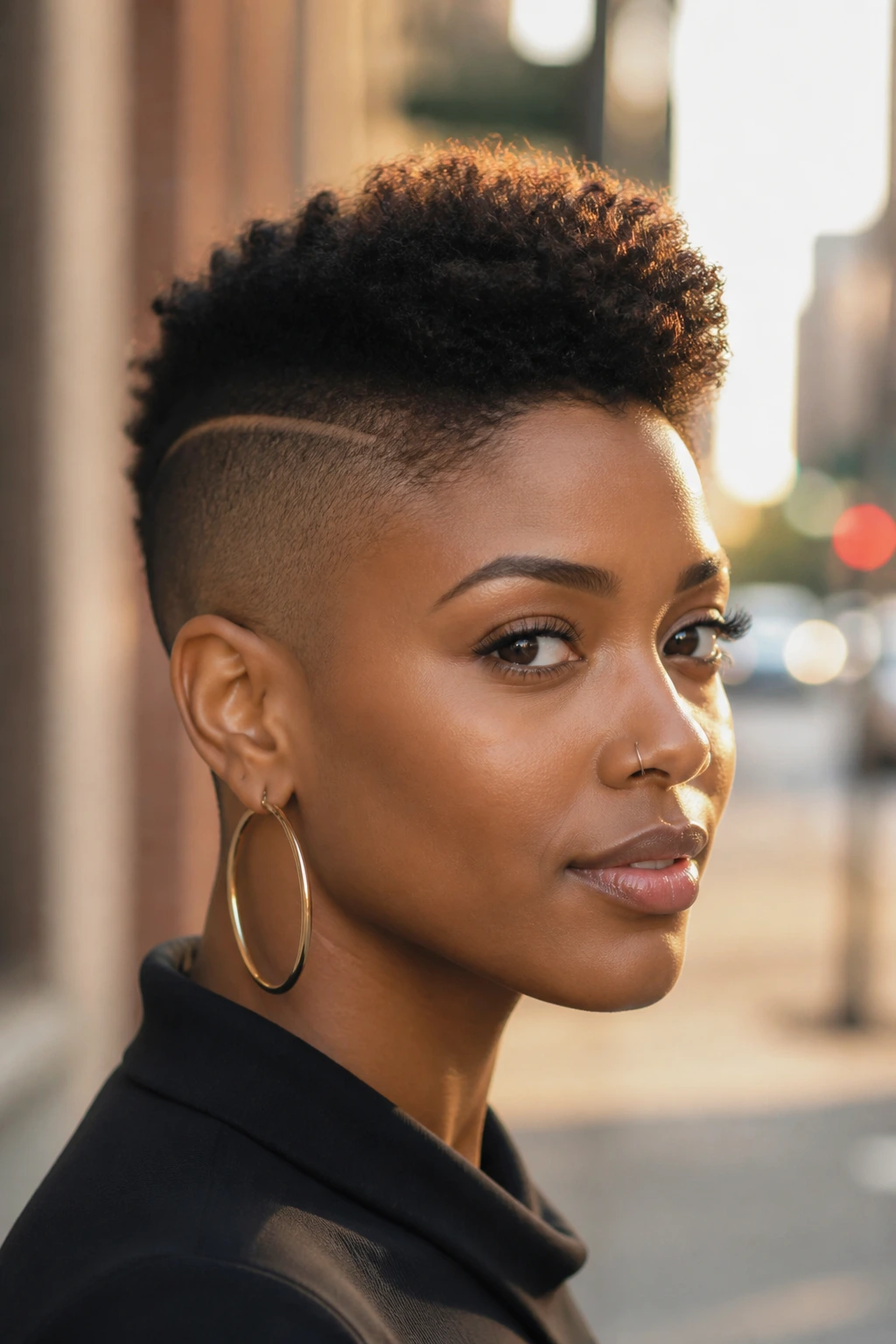 Close-up of a Black woman with a pixie mohawk on a sunny sidewalk