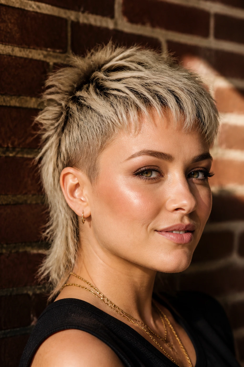 Close-up of a real person with a pixie mullet hairstyle.