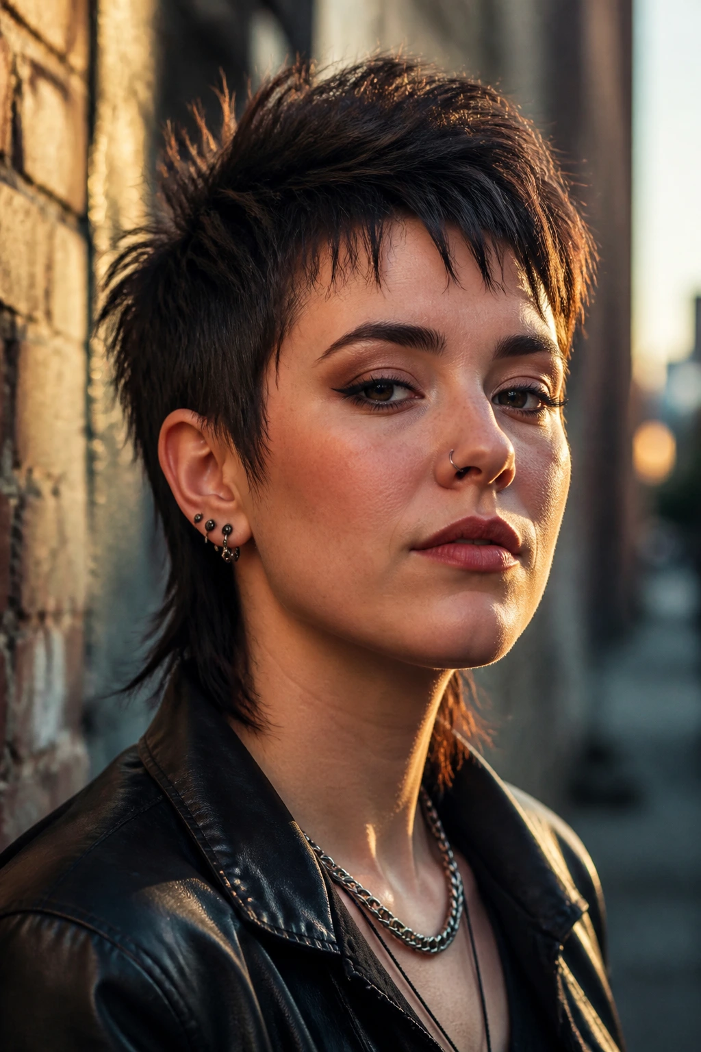Real woman with pixie mullet and high crown in urban alley