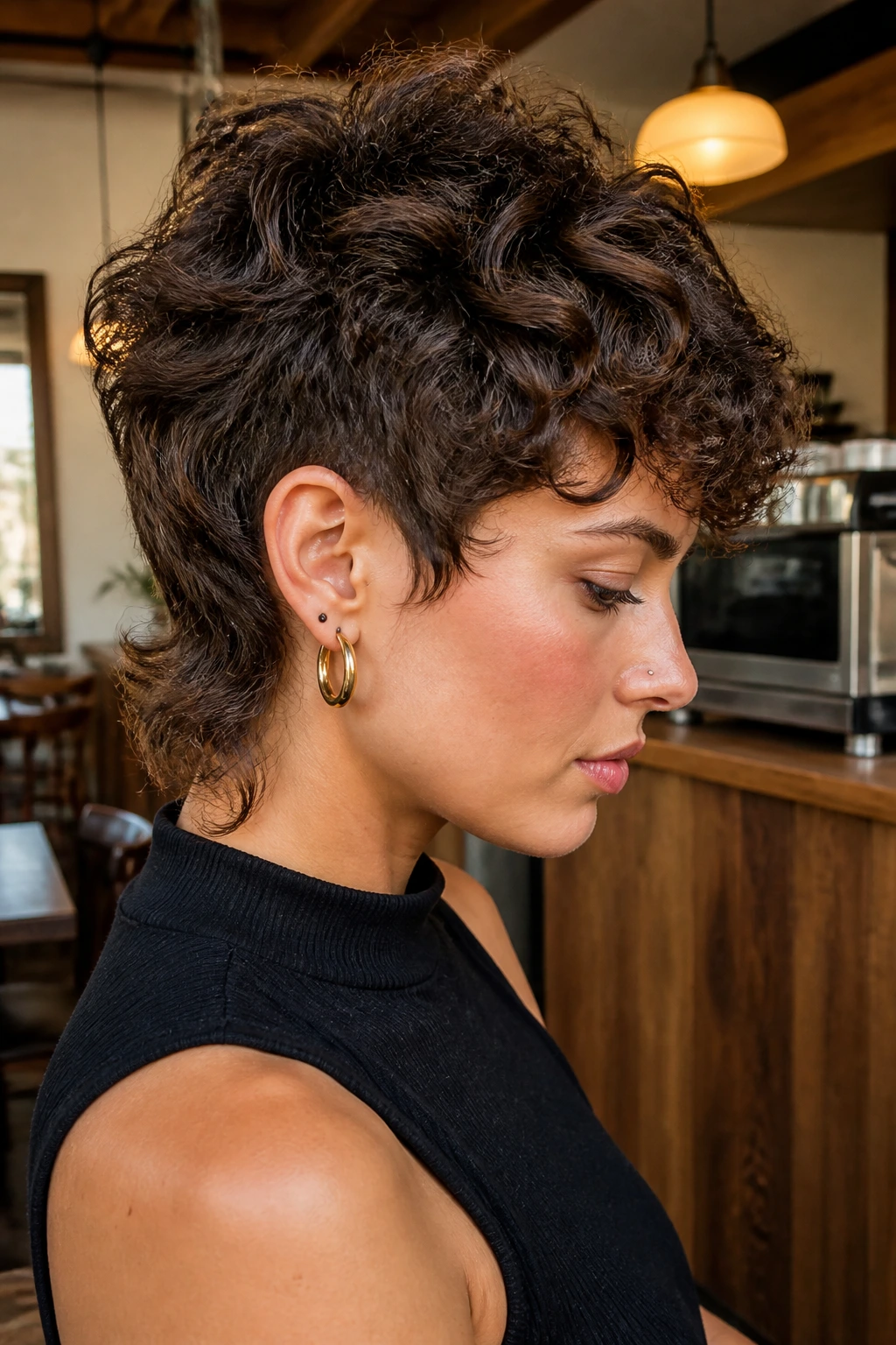 Side-profile close-up of a real woman with a curly pixie-mullet hybrid.