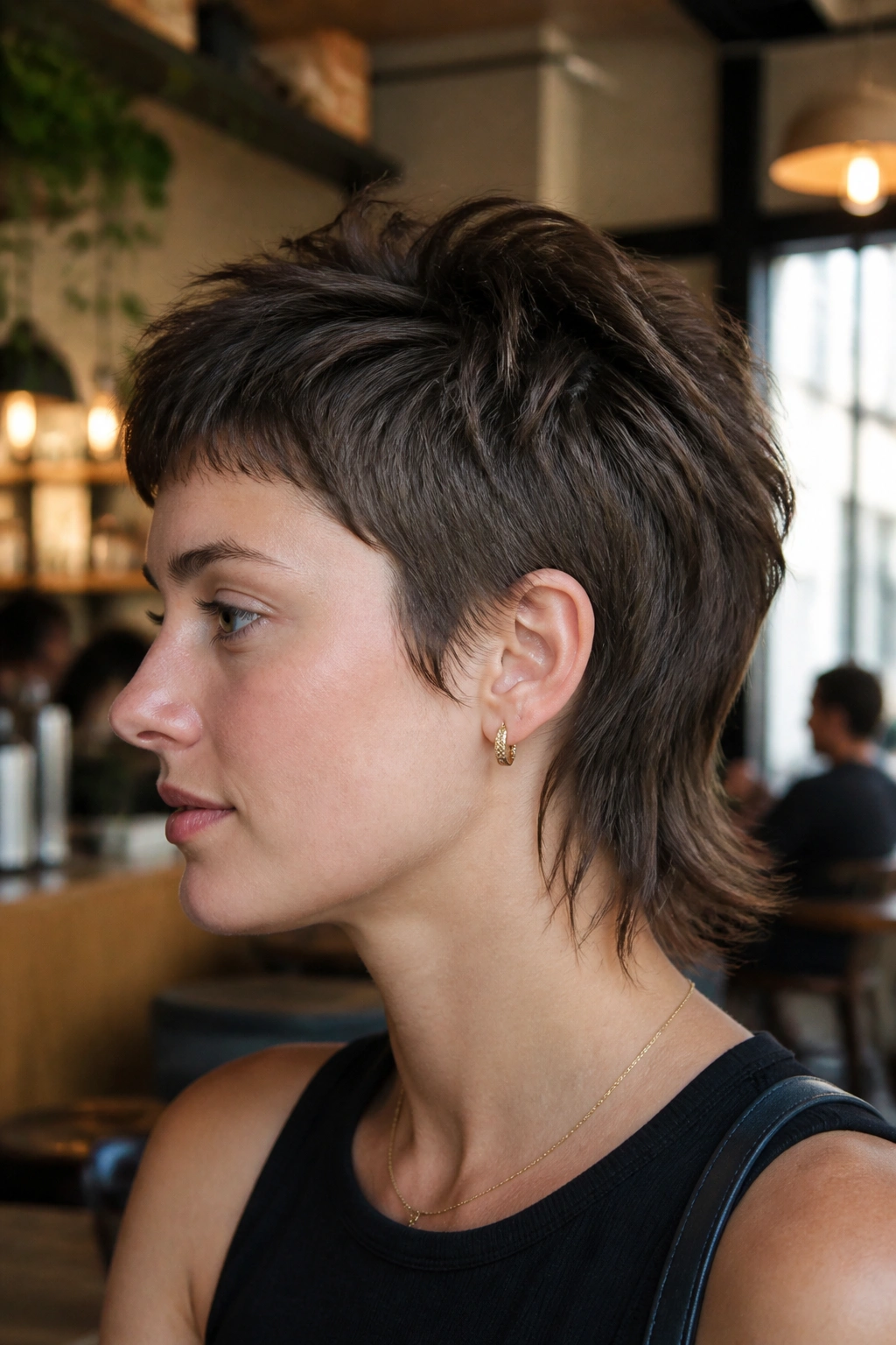 Close-up of a real woman with pixie-length shaggy mullet and mullet-back in cafe light.