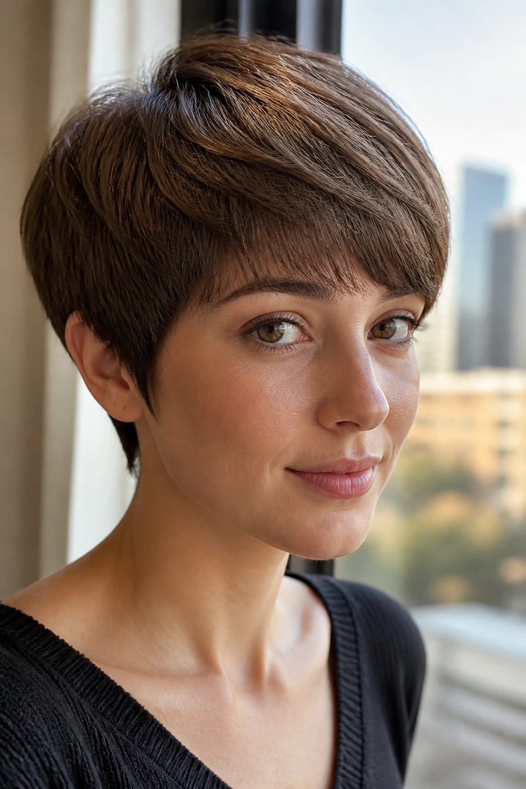 Close-up of a real woman with a mushroom brown rounded pixie indoors with city lights in the background.