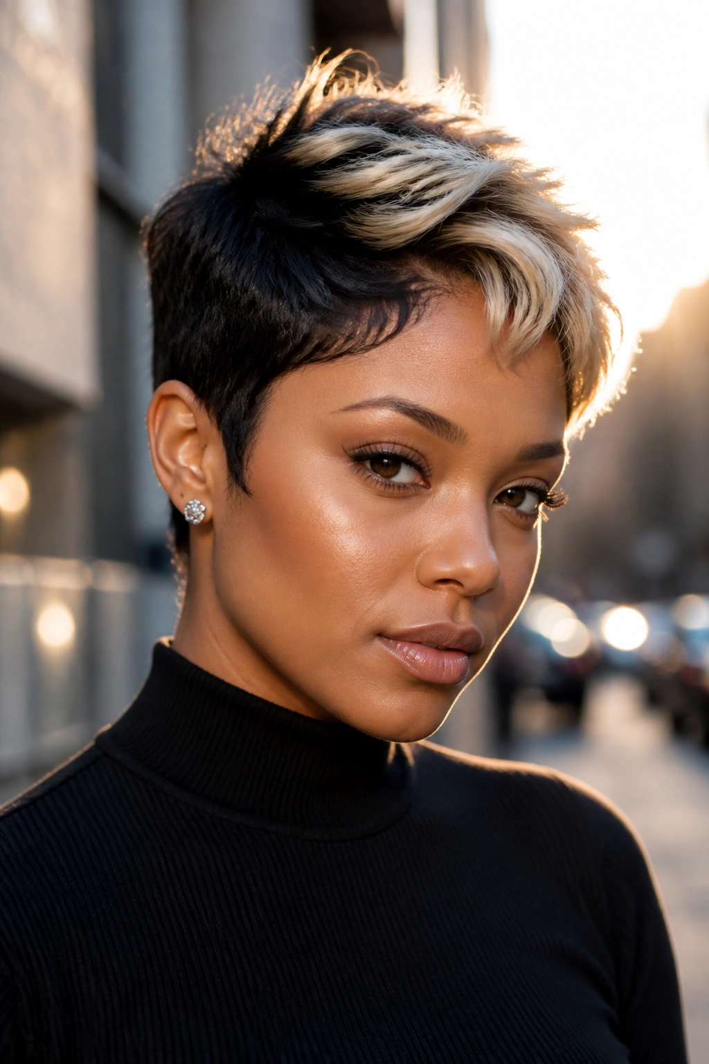 Close-up portrait of a woman with a deep black pixie and platinum crown highlights.