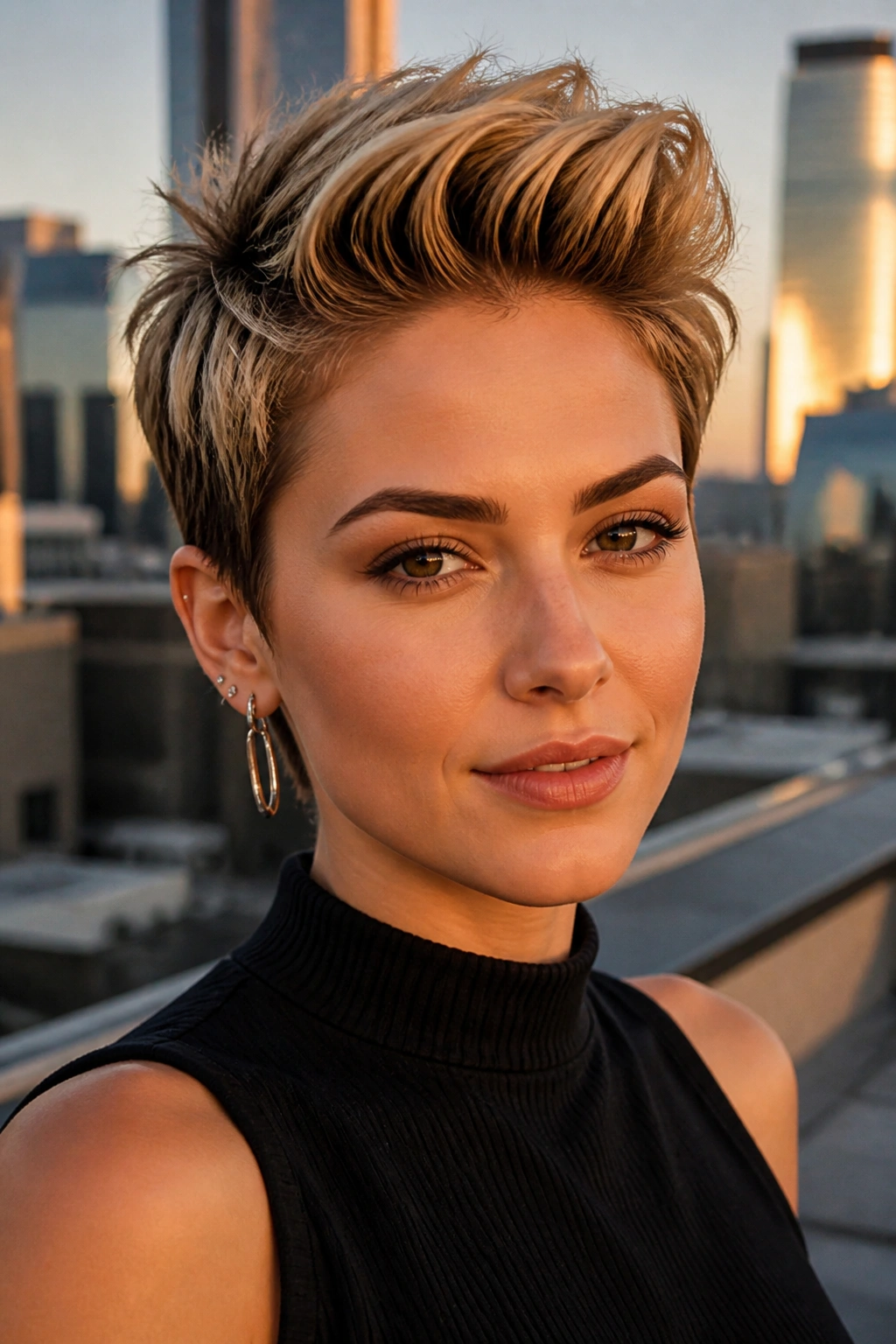 Portrait of a real person with a quiff pixie hairstyle against a sunset rooftop backdrop.