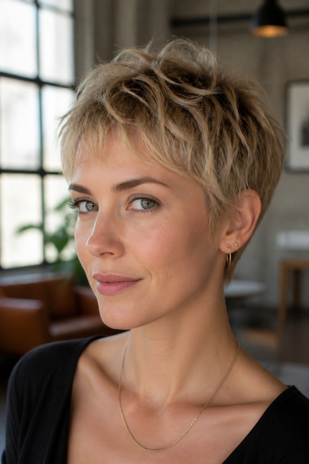 Real person with razor-cut pixie hairstyle in a bright loft.