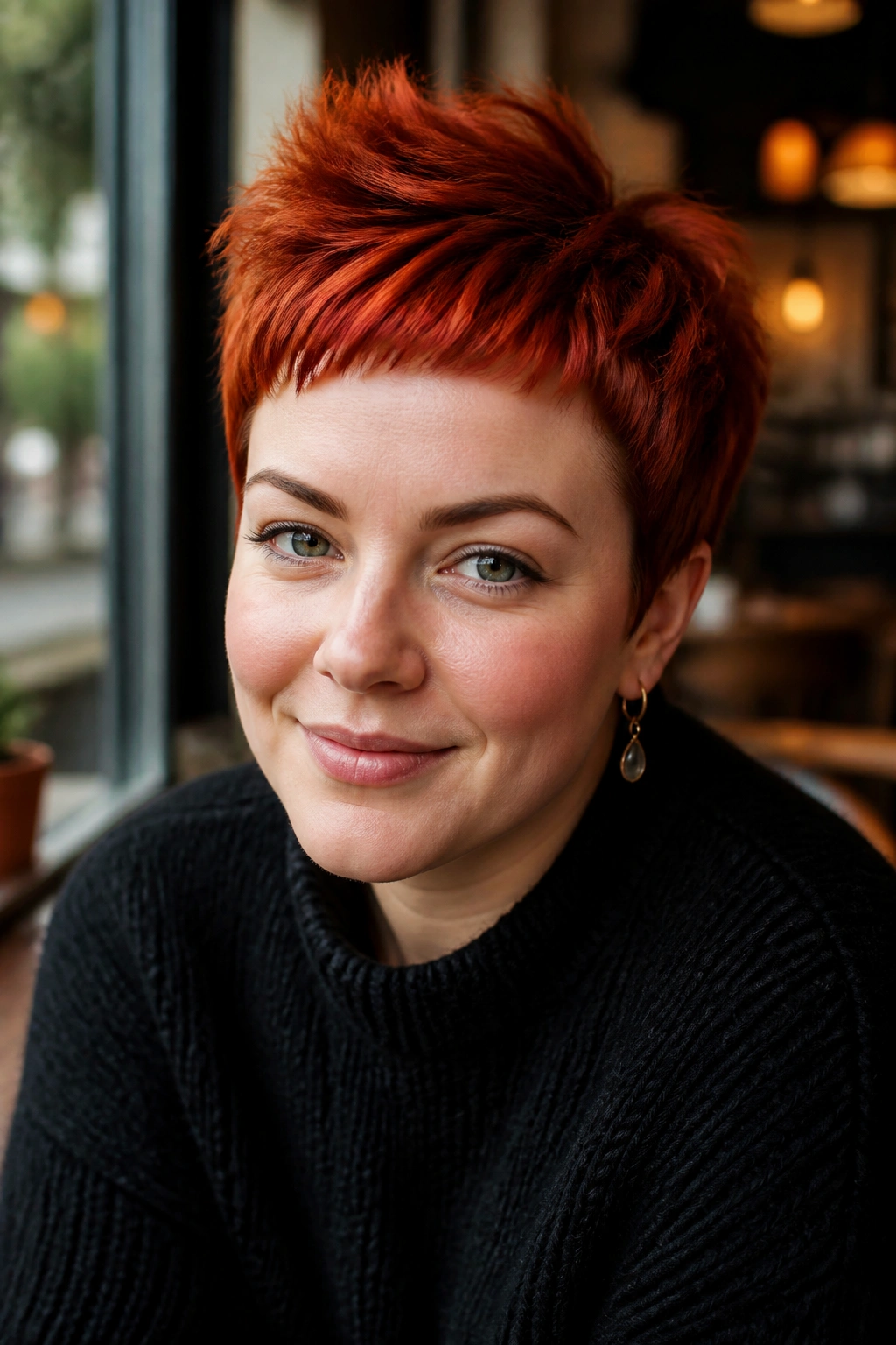 Real person with red pixie cut and micro fringe in cafe window light