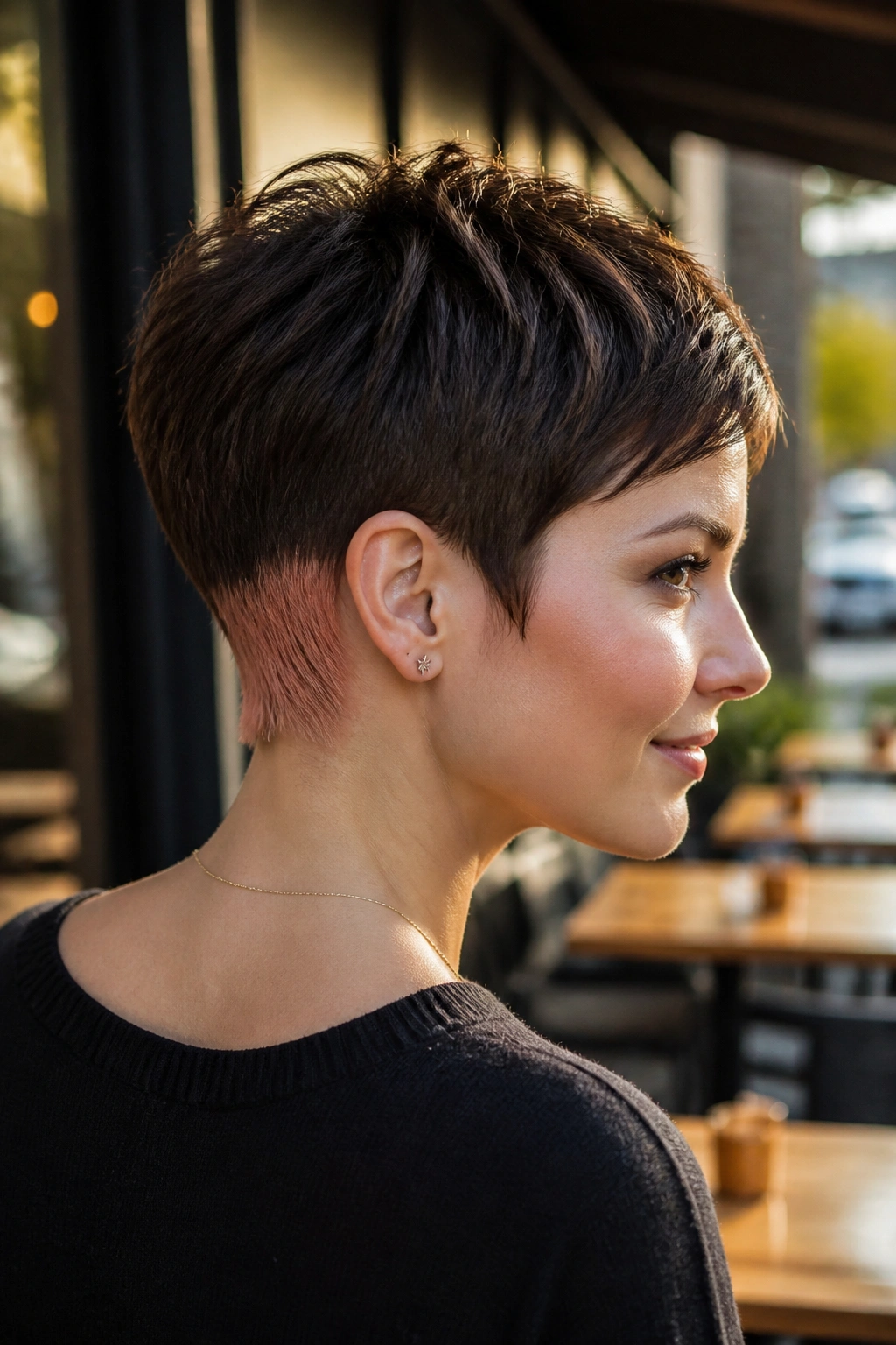 Close-up of a real woman with a pixie cut and rose-gold nape color