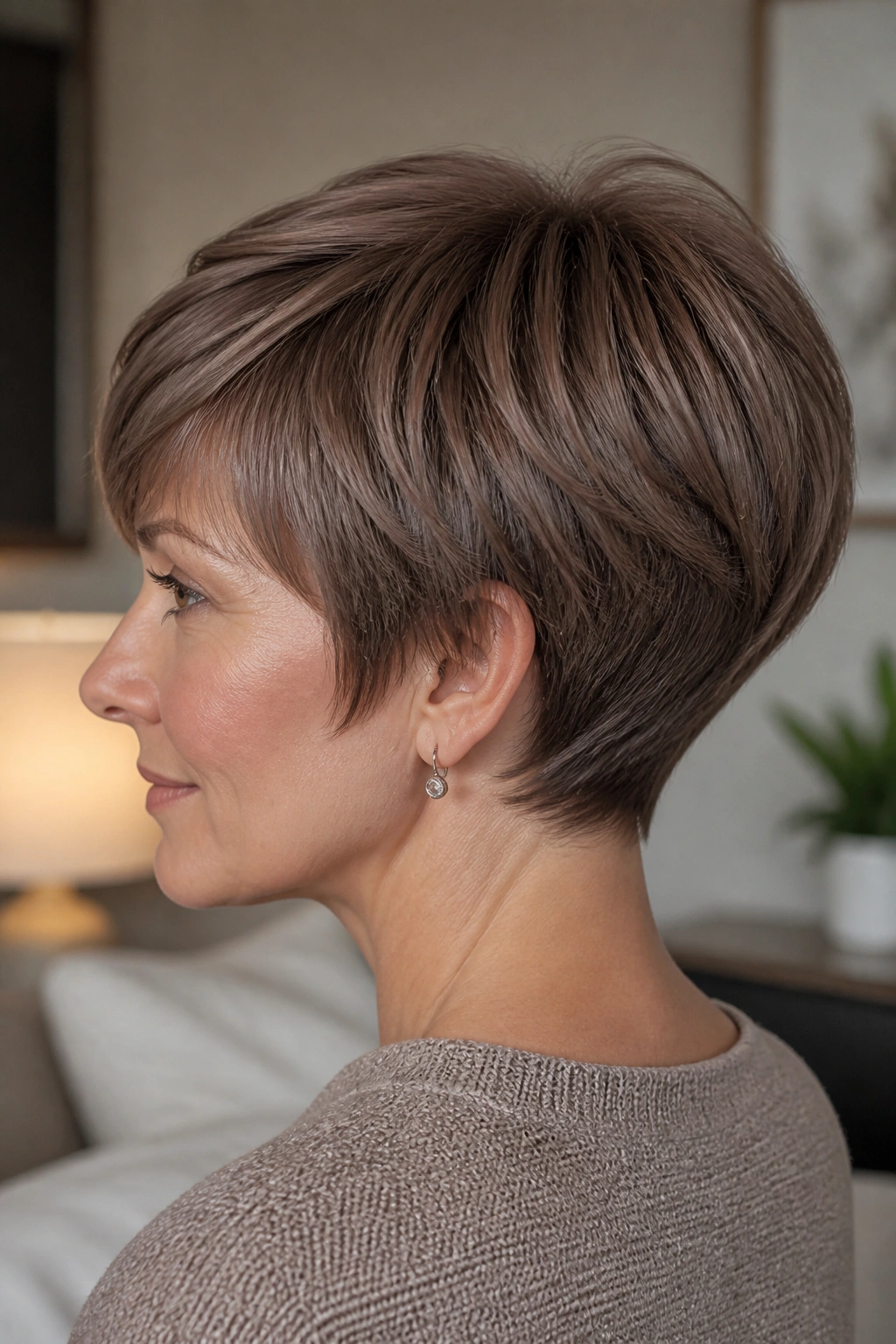 Portrait of a real woman with a mushroom brown pixie and rounded back silhouette