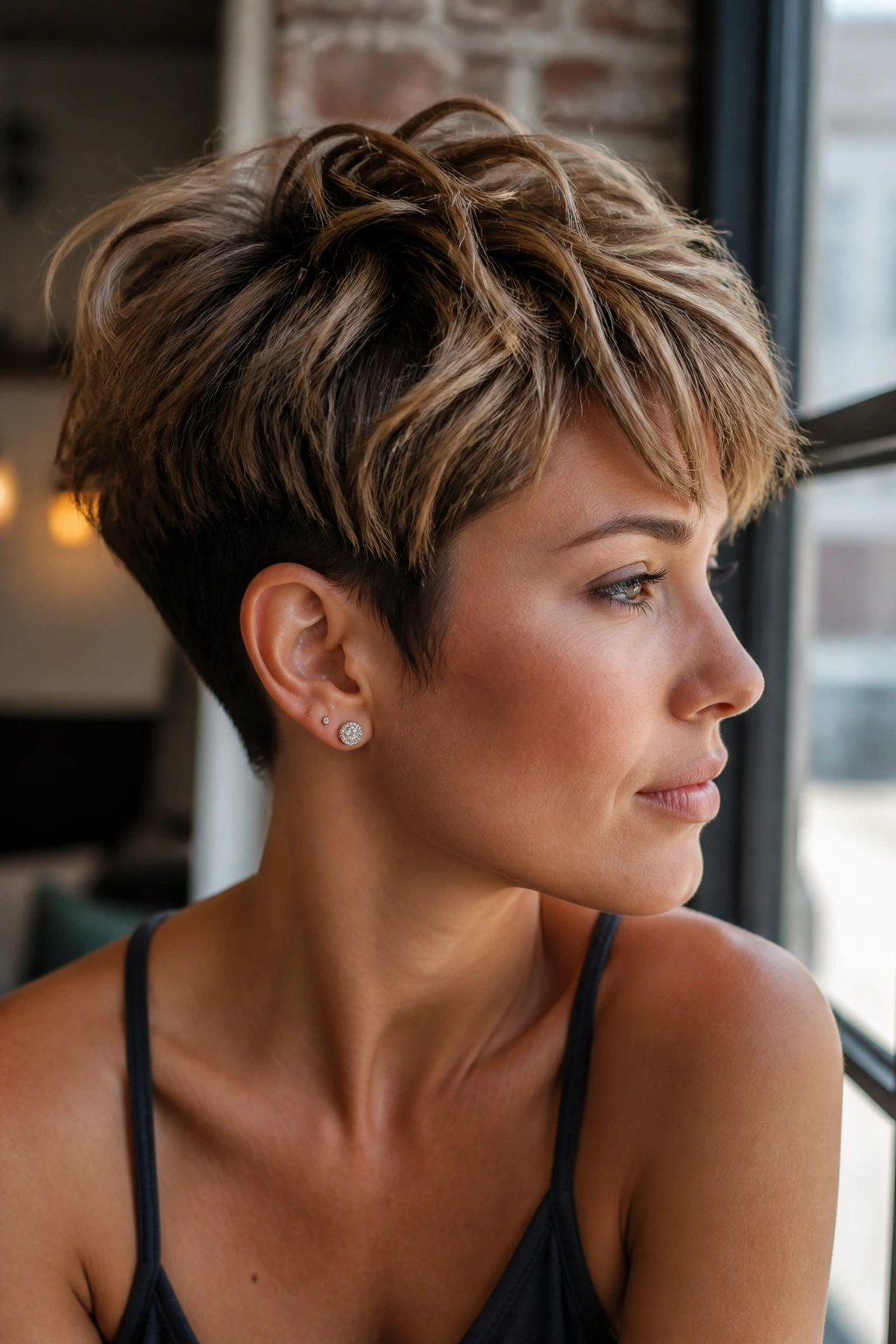 Close-up portrait of real woman with salted mocha messy pixie showing texture