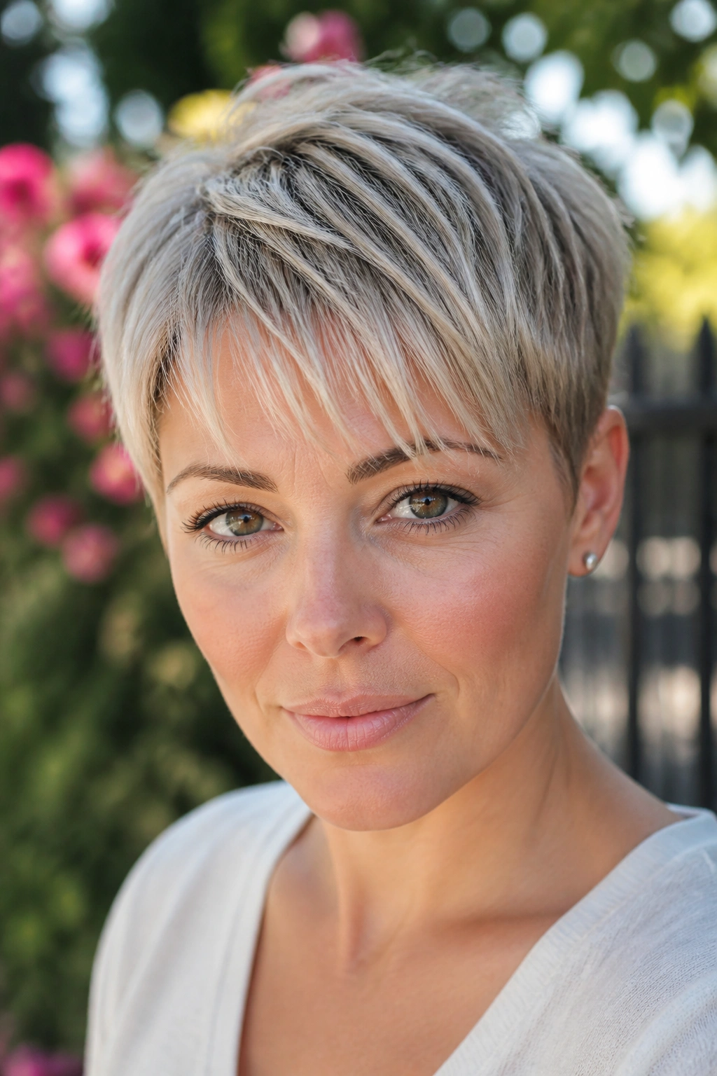Close-up of a person with a fine-hair pixie and see-through fringe.