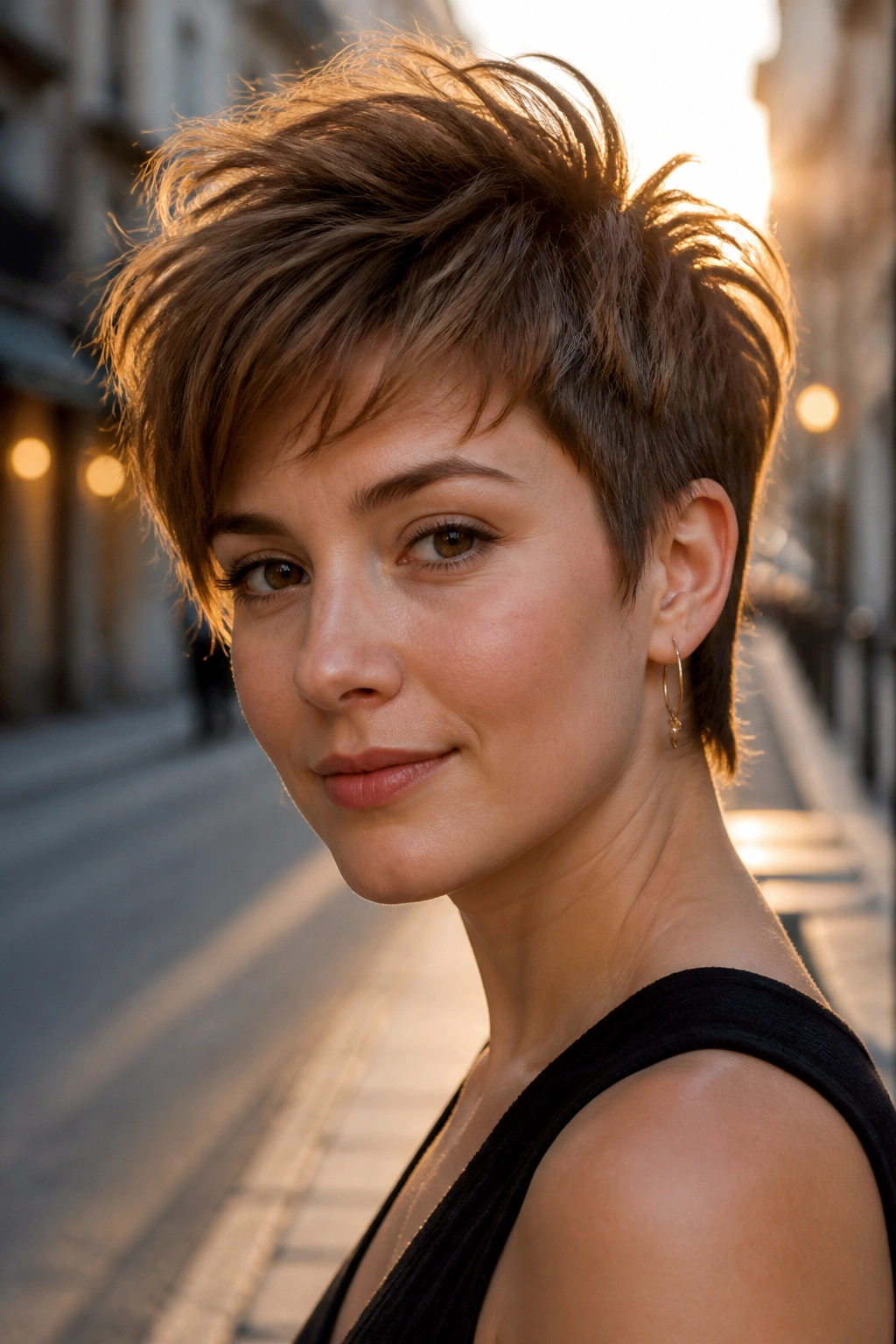 Real woman with pixie shag and crown lift on a sunlit street