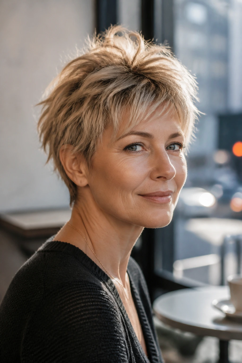 Close-up portrait of real woman with cropped pixie shag and crown volume in cafe light.