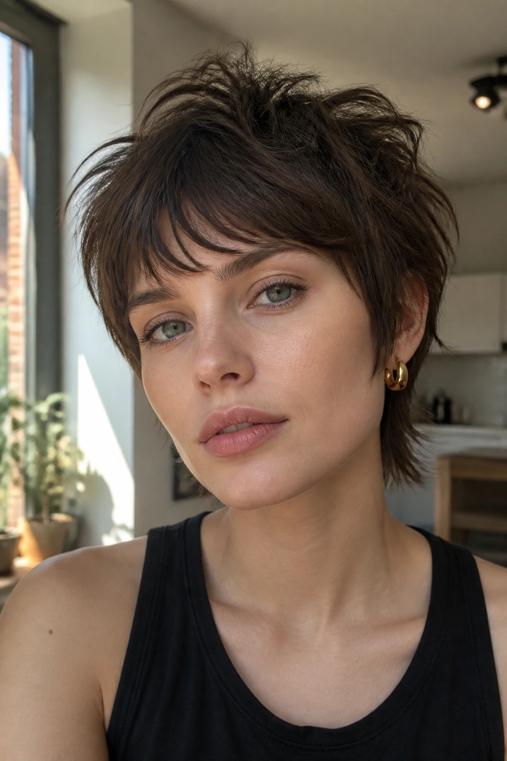 Portrait of real person with pixie shag hairstyle, short choppy top layers and textured crown in natural light
