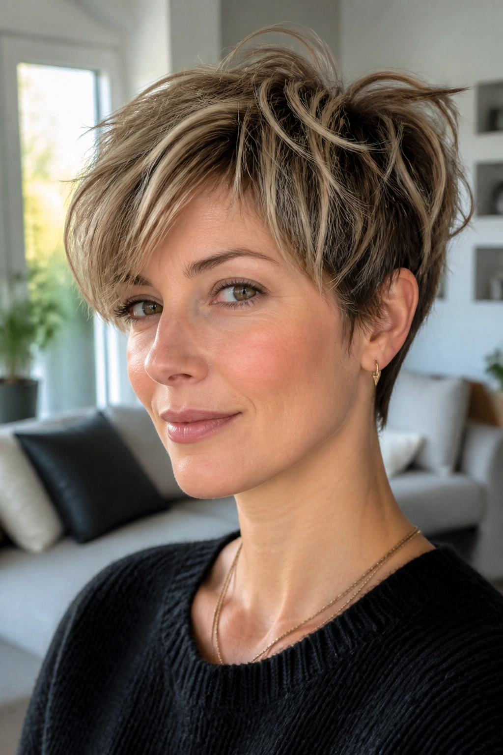 Close-up of a real woman with a pixie shag showing soft top layers and tapered sides.
