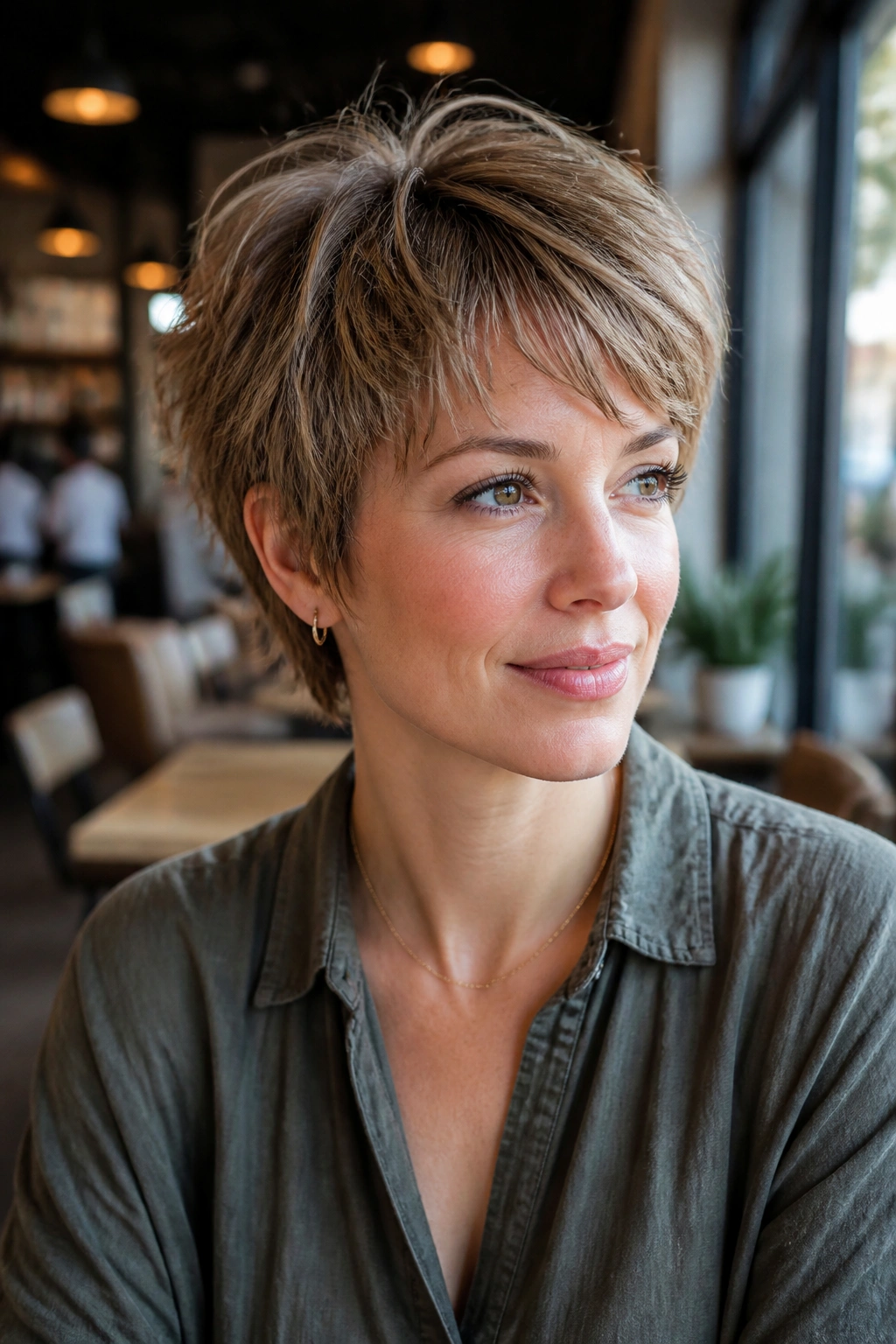 Real woman with pixie shag and lifted crown in a cafe setting