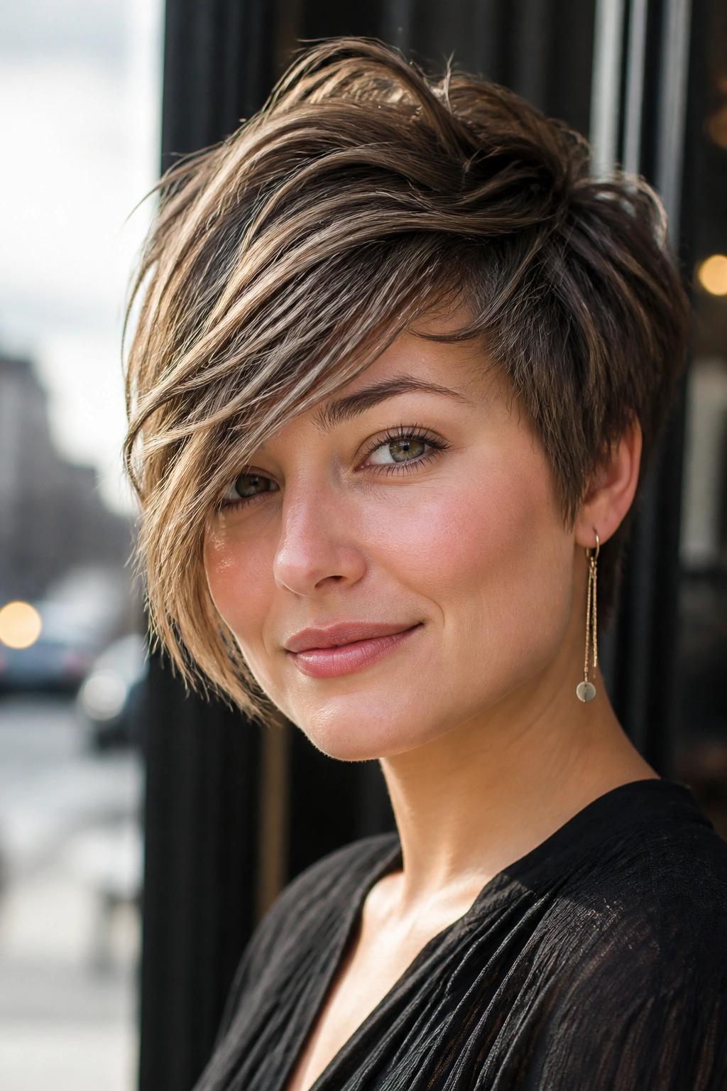 Close-up portrait of a real woman with pixie shag and long side fringe.