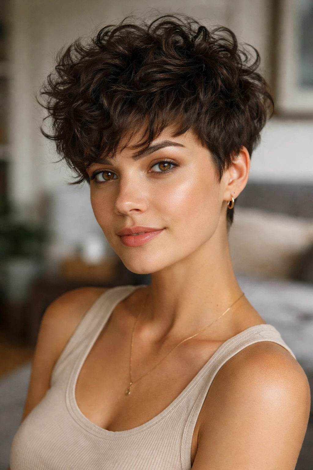 Portrait of a real person with a short pixie shag hairstyle
