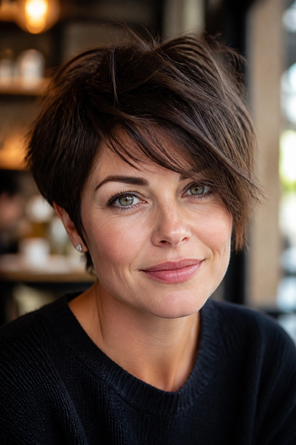 Close-up of a real woman with side-swept fringe pixie shag.