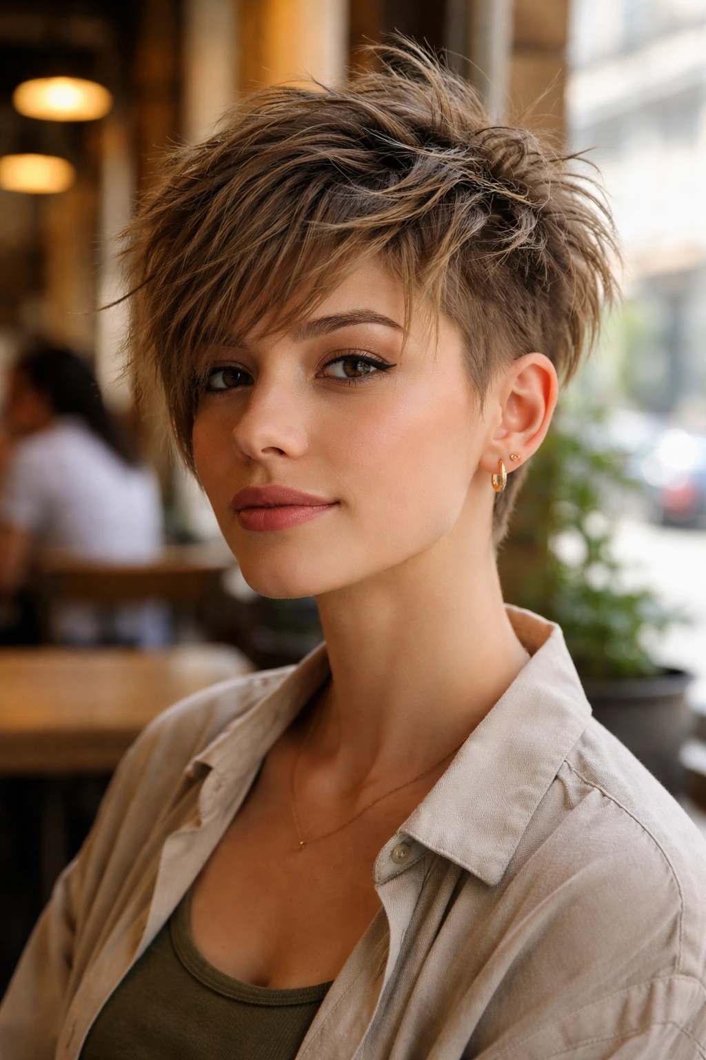Close-up portrait of a real woman with wispy pixie shag, short sides and long textured top