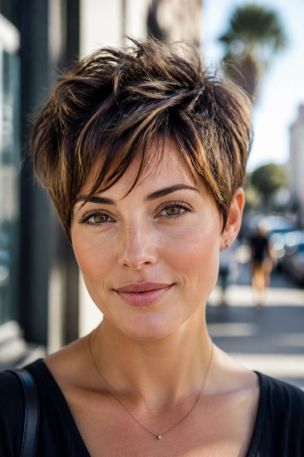 Close-up portrait of a real person with a pixie shag and tousled crown outdoors