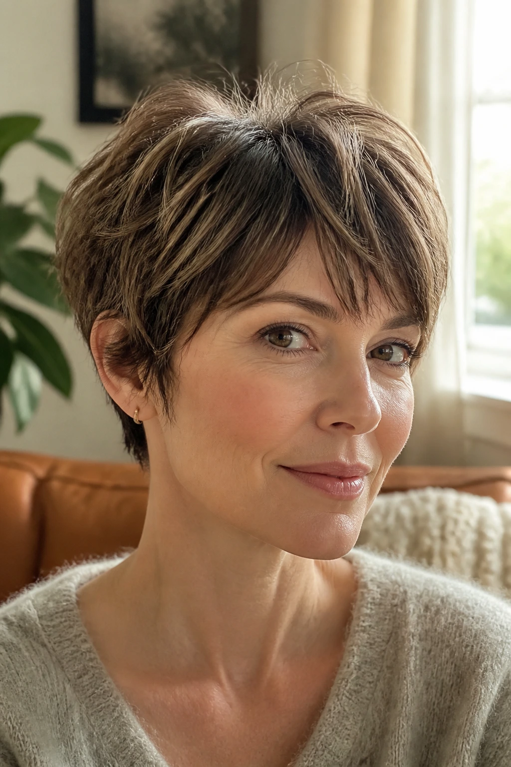 Close-up of real woman with overgrown pixie and shaggy ends in a cozy room