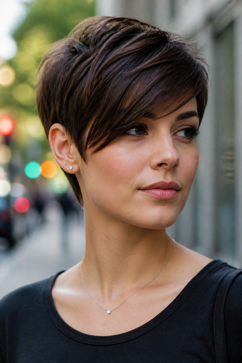 Close-up of a real person with a pixie cut and longer side bang across the forehead