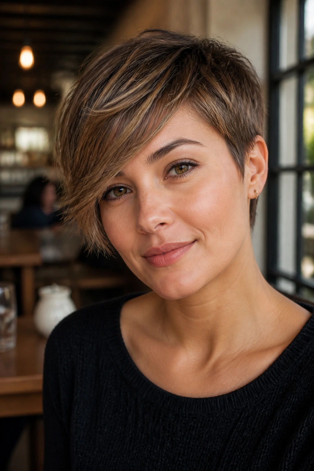 Close-up portrait of a real person with a pixie cut and side fringe