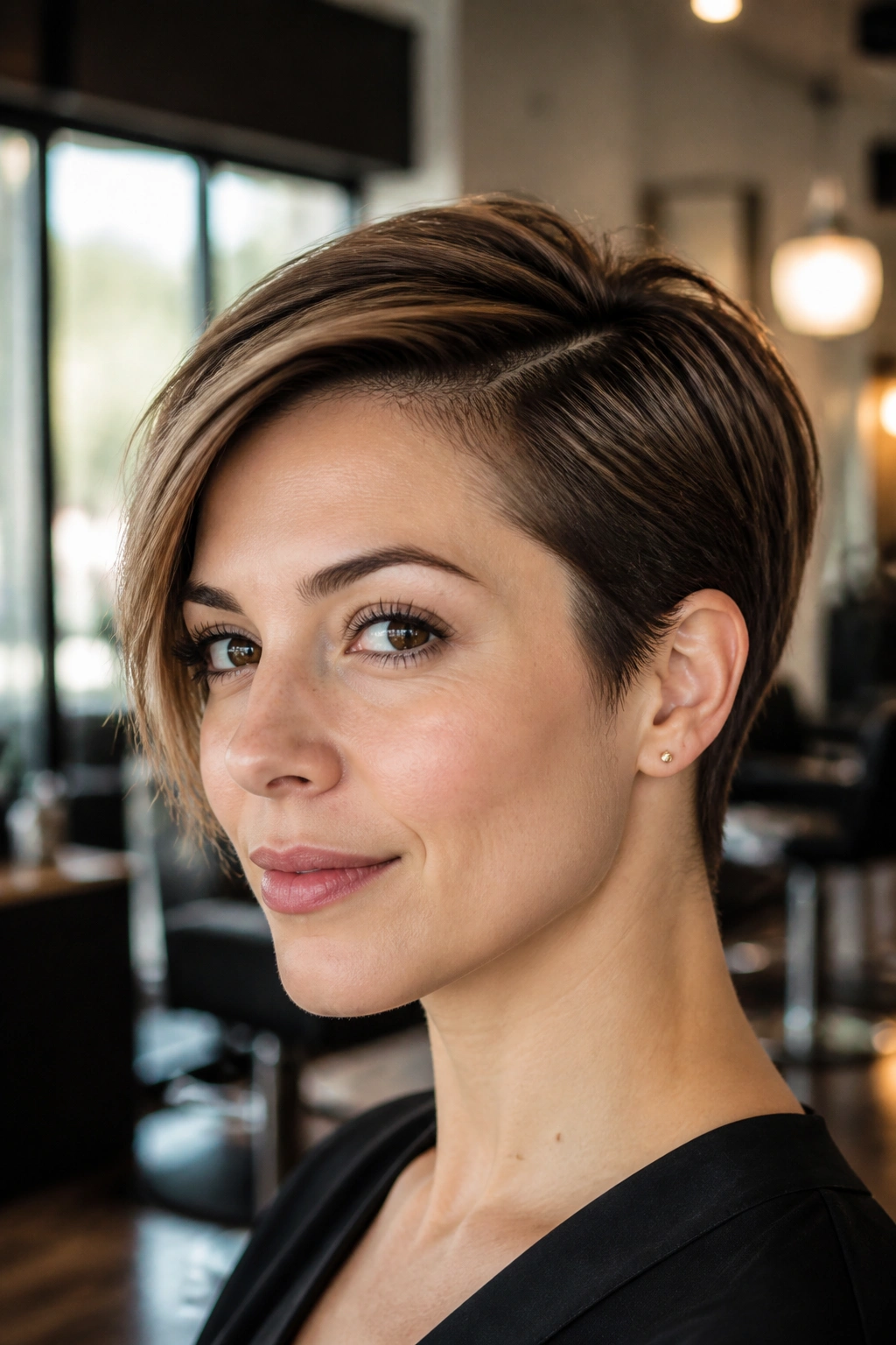 Close-up of a woman with a side-parted pixie tucked behind ears in a chic salon setting
