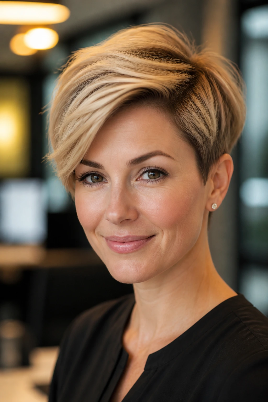Close-up of a side-swept pixie cut on a real person