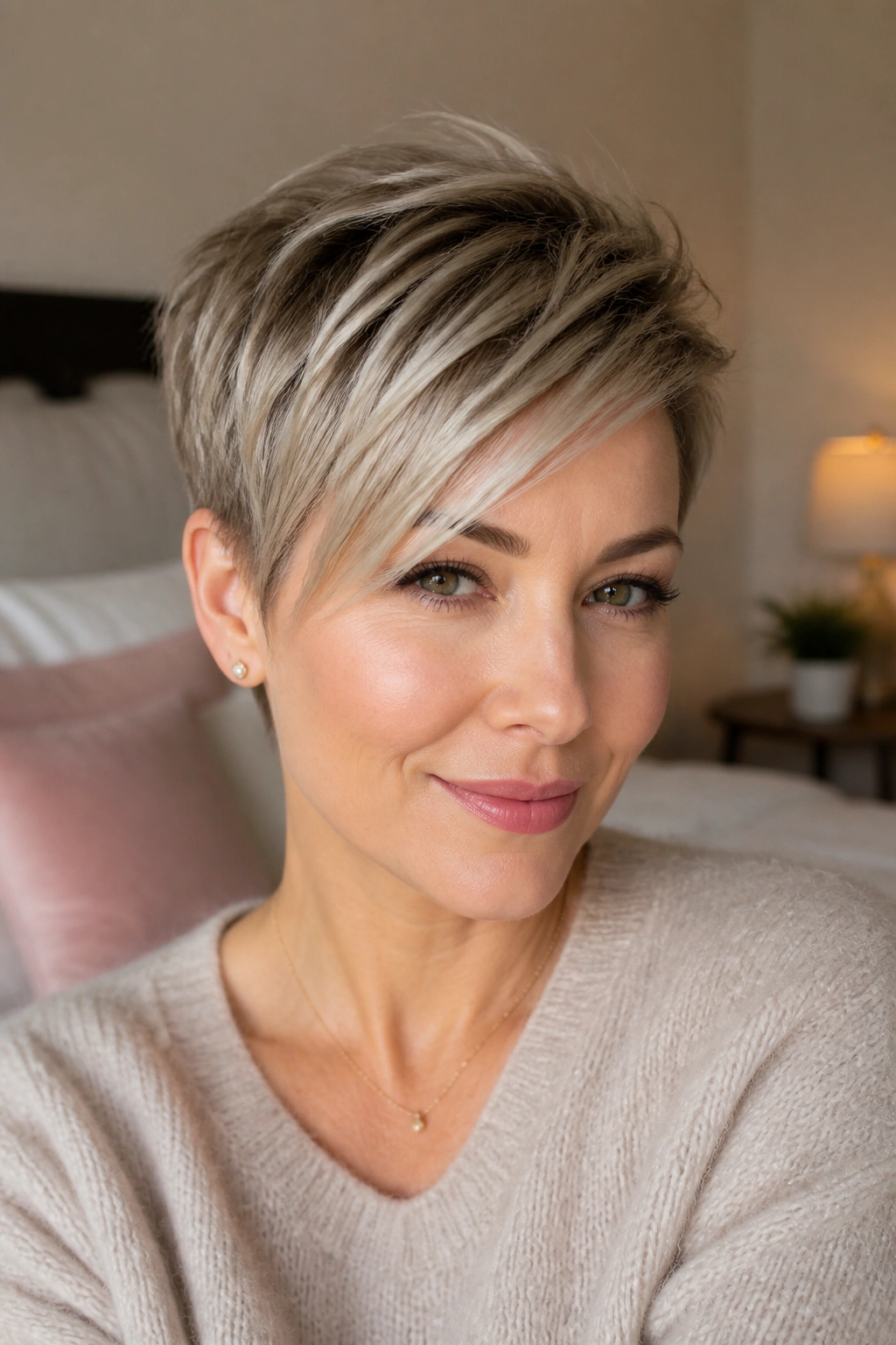 Close-up portrait of a real woman with pixie cut and side-swept bangs, soft window light in a cozy bedroom.