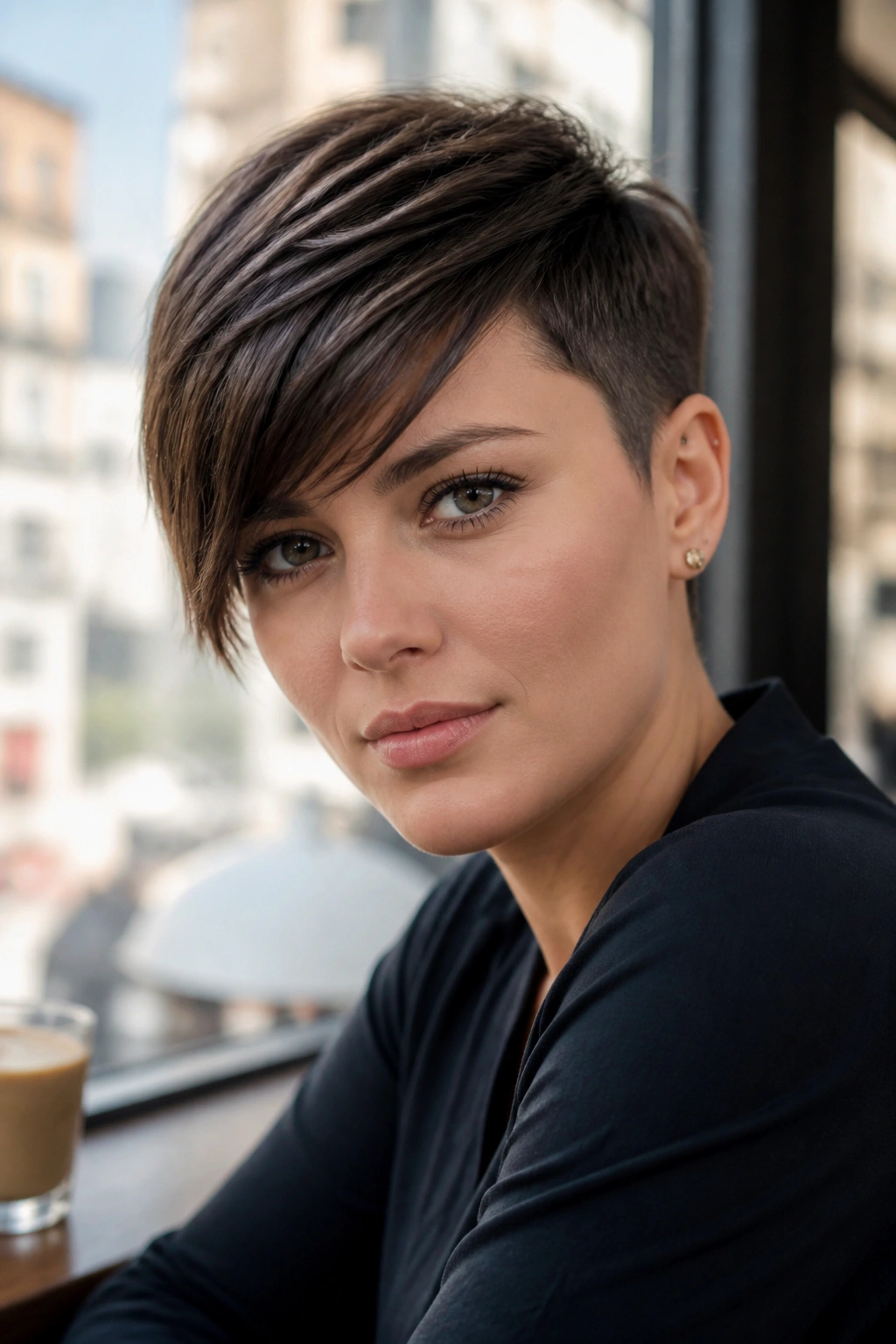 Close-up of a real woman with a side-swept pixie and tapered sides in daylight at a cafe.