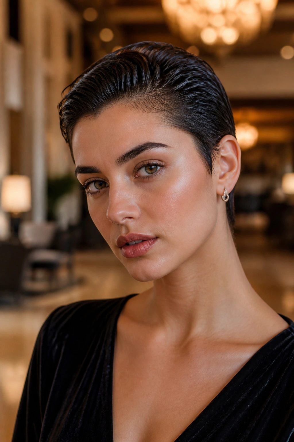 Portrait of a real person with a slicked-back pixie in a warm interior setting.