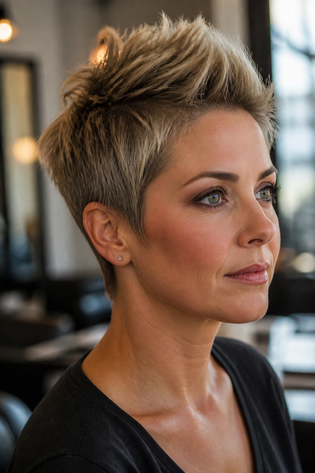 Real woman wearing a soft fauxhawk pixie with longer sides in a modern styling studio