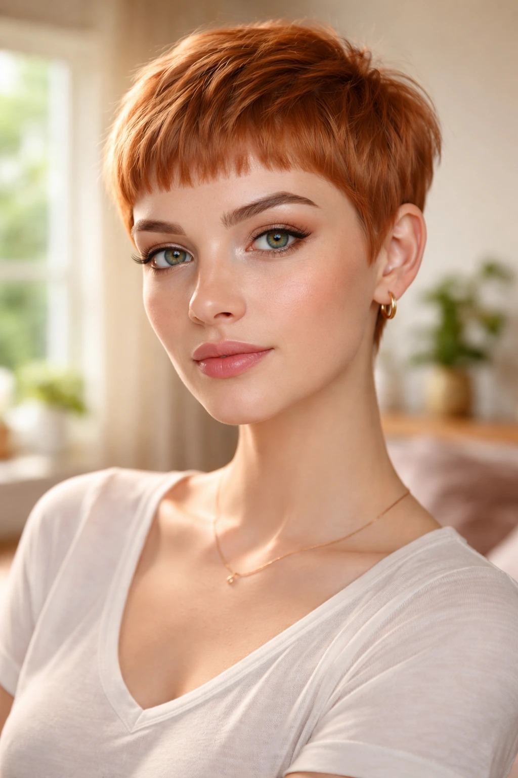 Close-up of a real woman with a short strawberry pixie and baby bangs in a sunlit bedroom