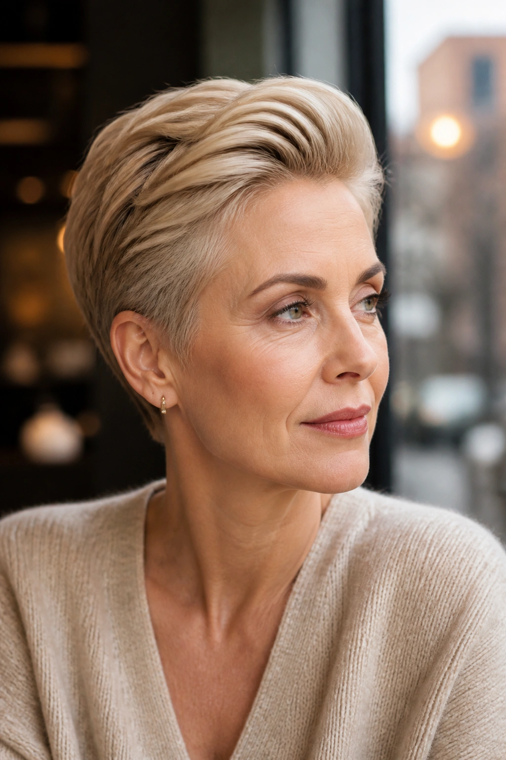 Close-up of a real woman with swept-back champagne pixie, warm cafe light