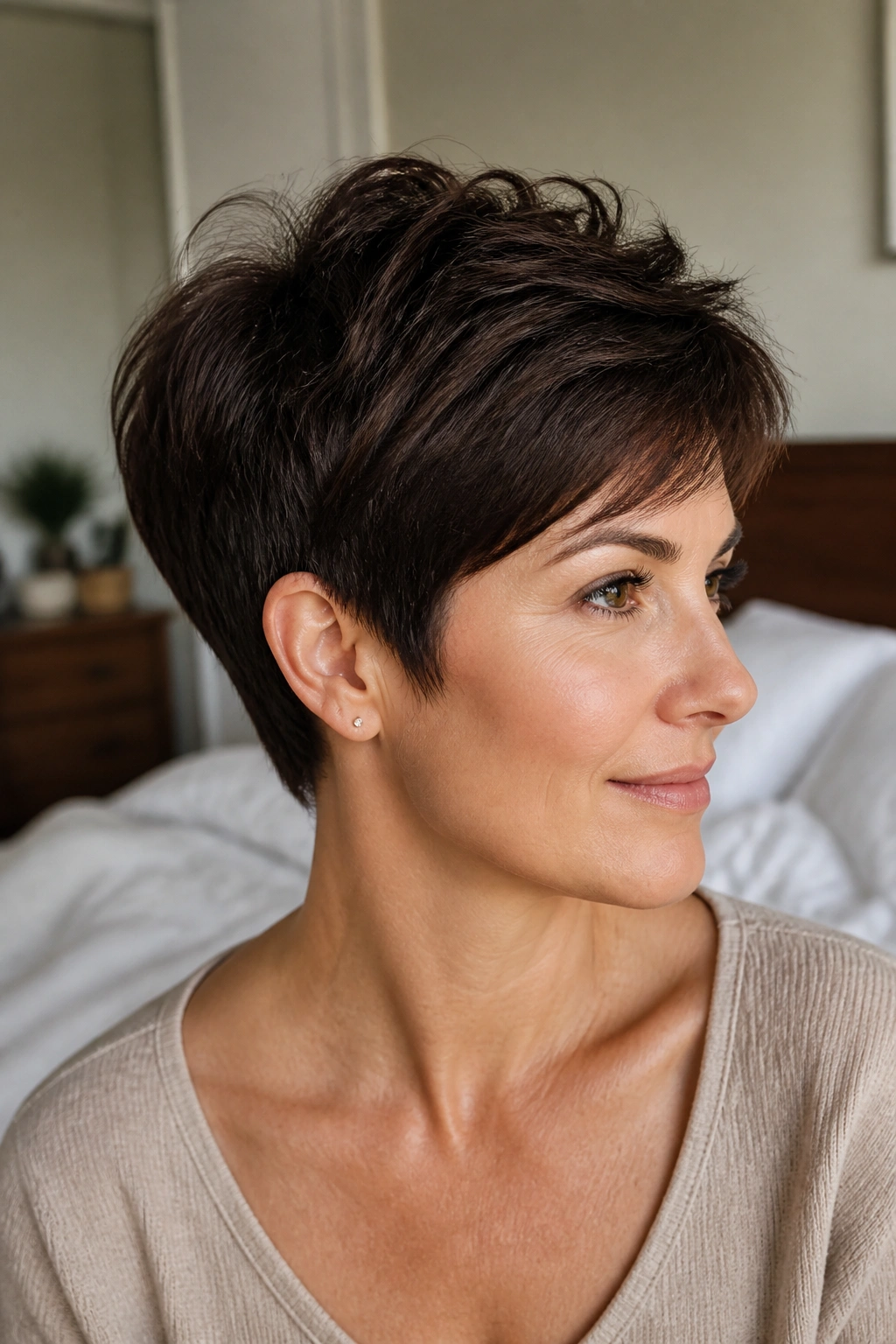 Close-up of a real woman with a soft espresso pixie and tapered nape in warm window light