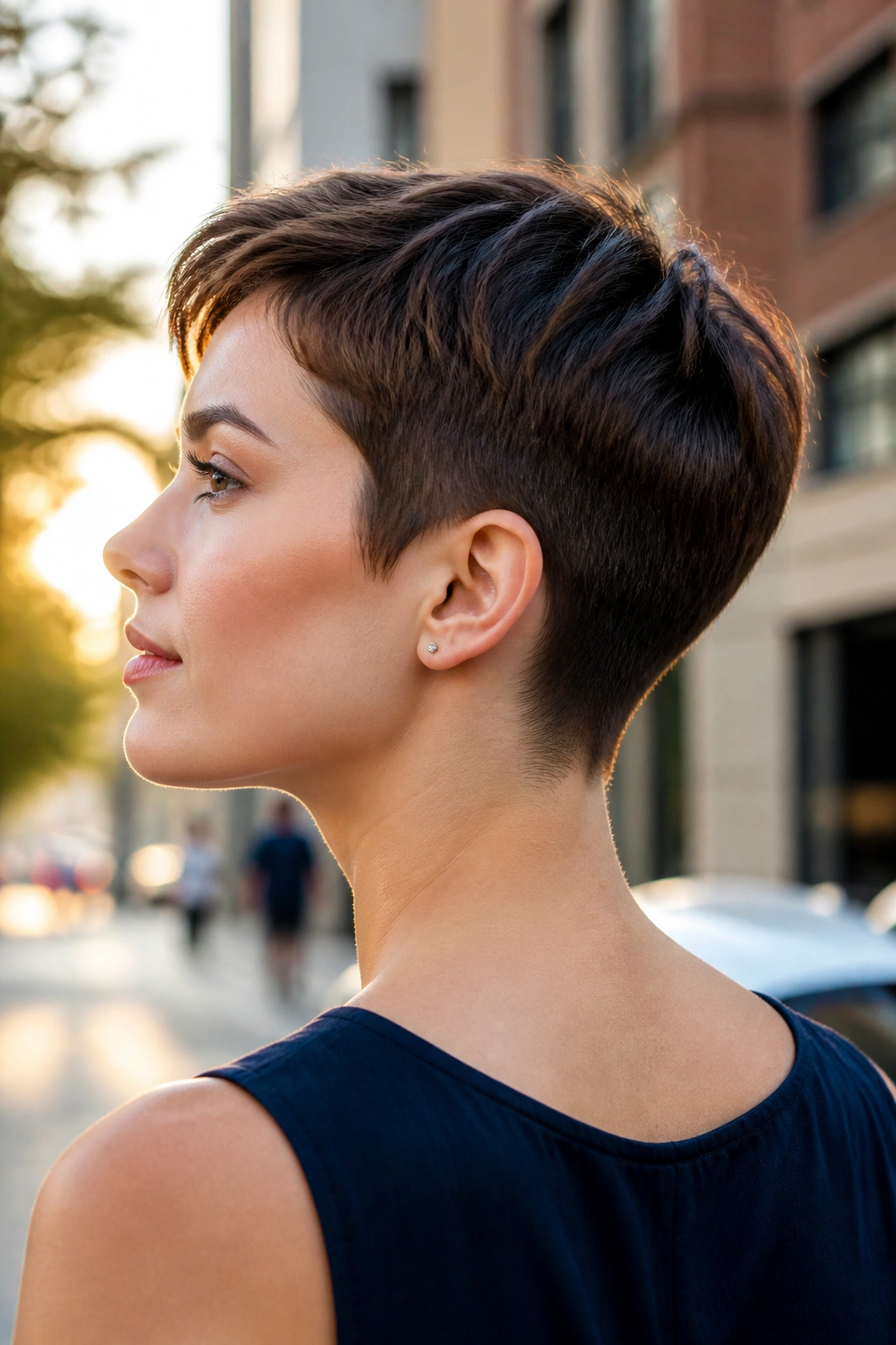 Side-profile of a real person with a pixie cut tapered neck.