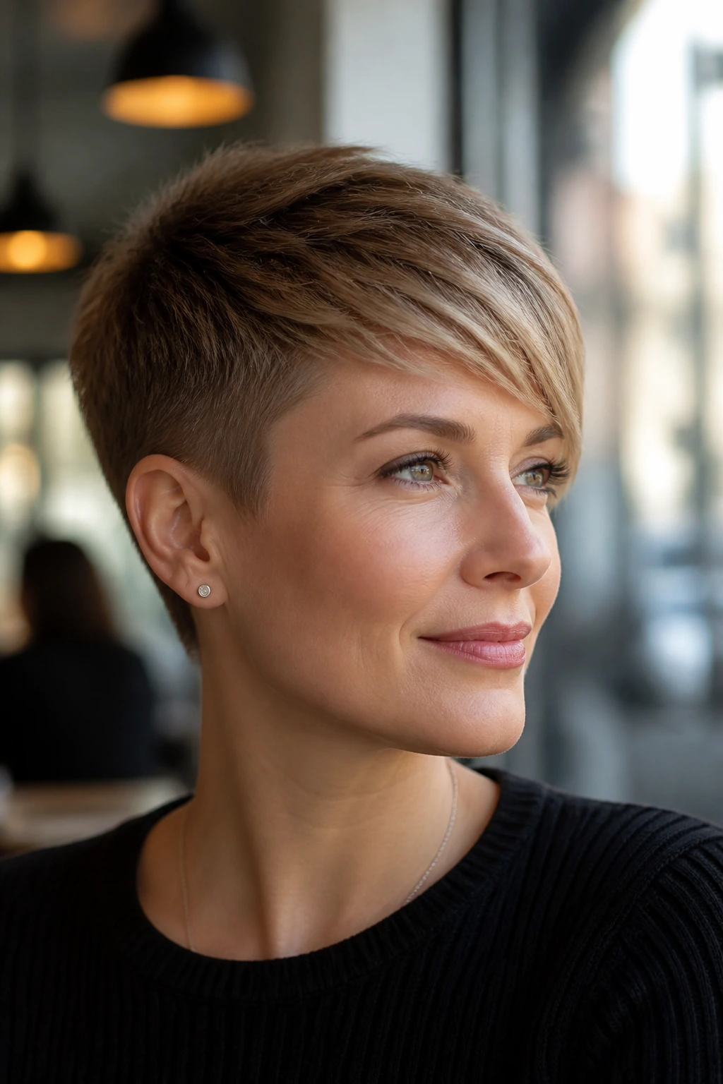 Close-up of a real woman with a side-swept pixie and tapered sides