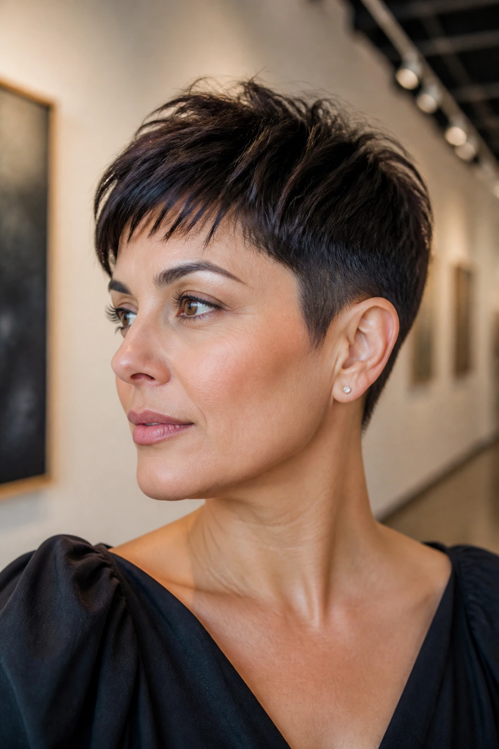 Portrait of a real woman with tapered temple pixie hairstyle.